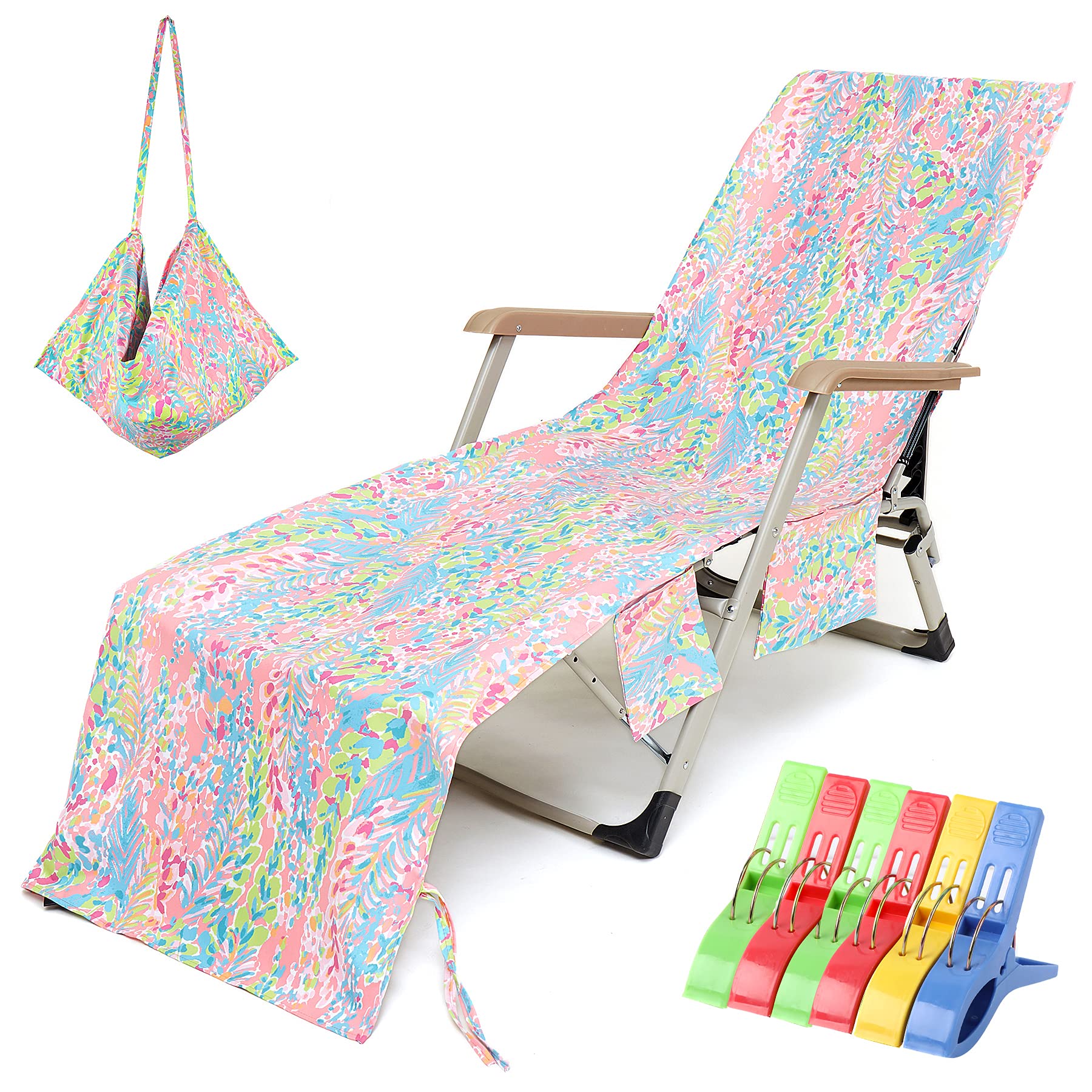 VOCOOL Beach Chair Towel Chaise Lounge Cover with Pockets and Clips Pool Chair Towel for Outdoor Patio Garden(Pink)