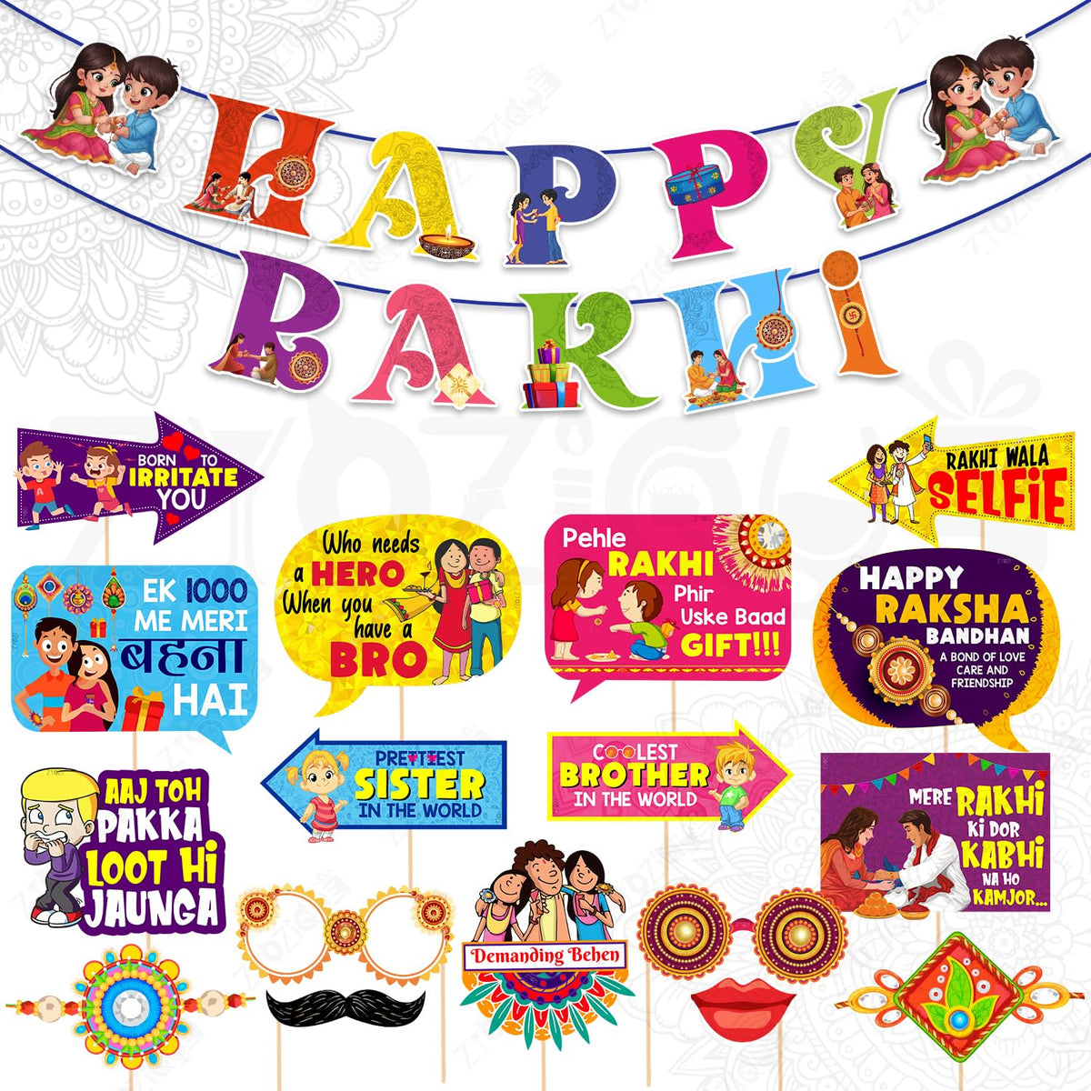 Zyozique 23 Pieces Raksha Bandhan Decoration Kit with Happy Rakhi Paper Banner & Photobooth Props | Rakhi Party Supplies for Bro