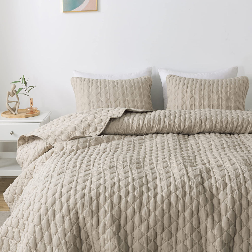 Beige Quilt King Size Bedding Sets With Pillow Shams, Lightweight Soft Bedspread Coverlet, Quilted Blanket Thin Comforter Bed Co