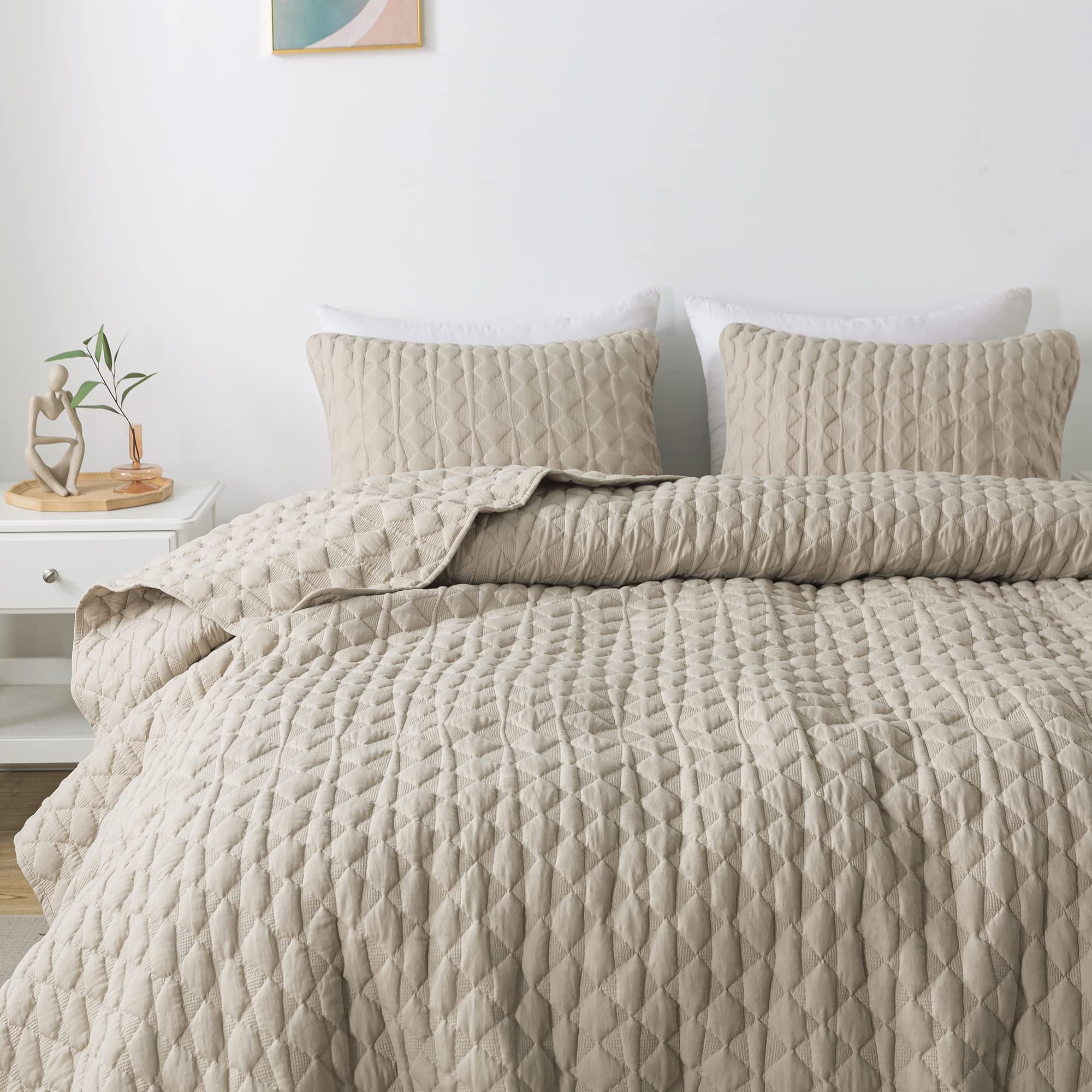Beige Quilt King Size Bedding Sets With Pillow Shams, Lightweight Soft Bedspread Coverlet, Quilted Blanket Thin Comforter Bed Co