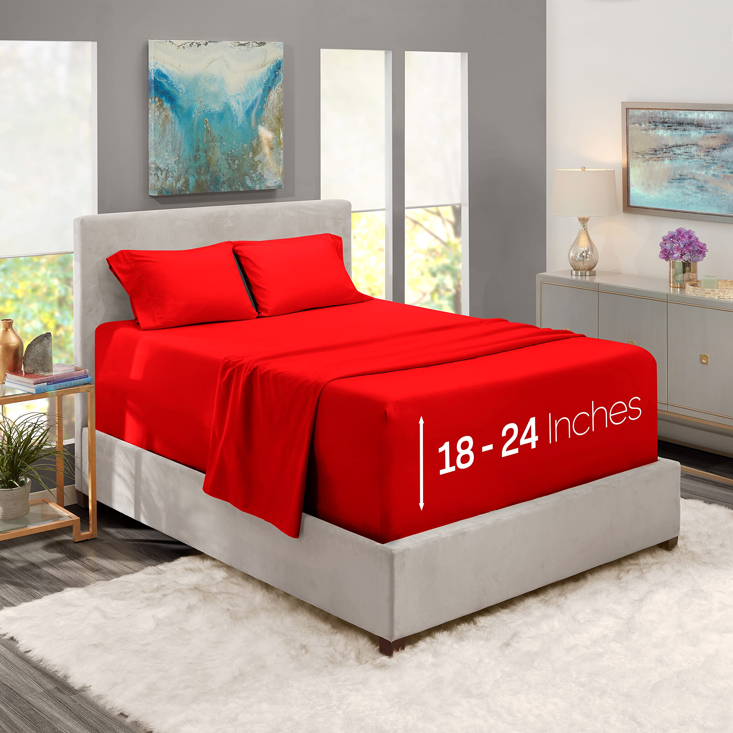 Nestl Split King Sheets Sets For Adjustable Bed - 5 Piece Split King Sheet Set, Double Brushed Split King Sheets, Hotel Luxury Red Sheets, Extra Soft Bedding Sheets & Pillowcases