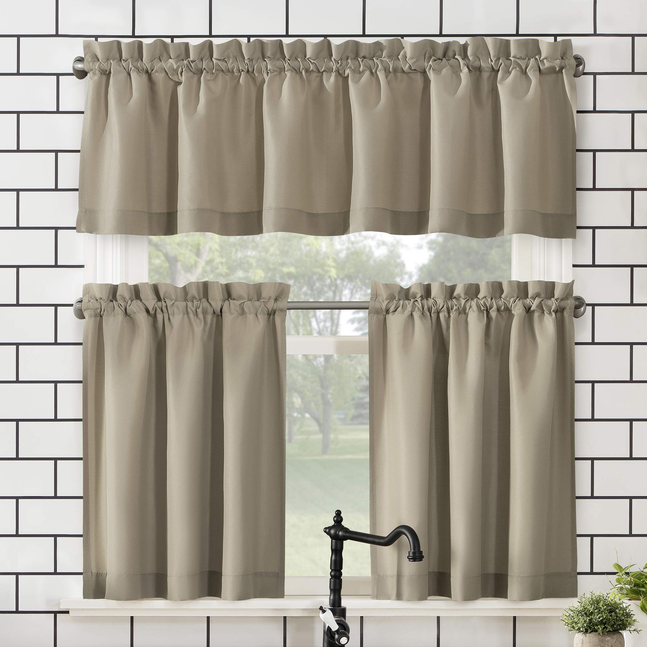 No. 918 Martine Microfiber Semi-Sheer Rod Pocket Kitchen Curtain Valance and Tiers Set, 54 x 45, Taupe