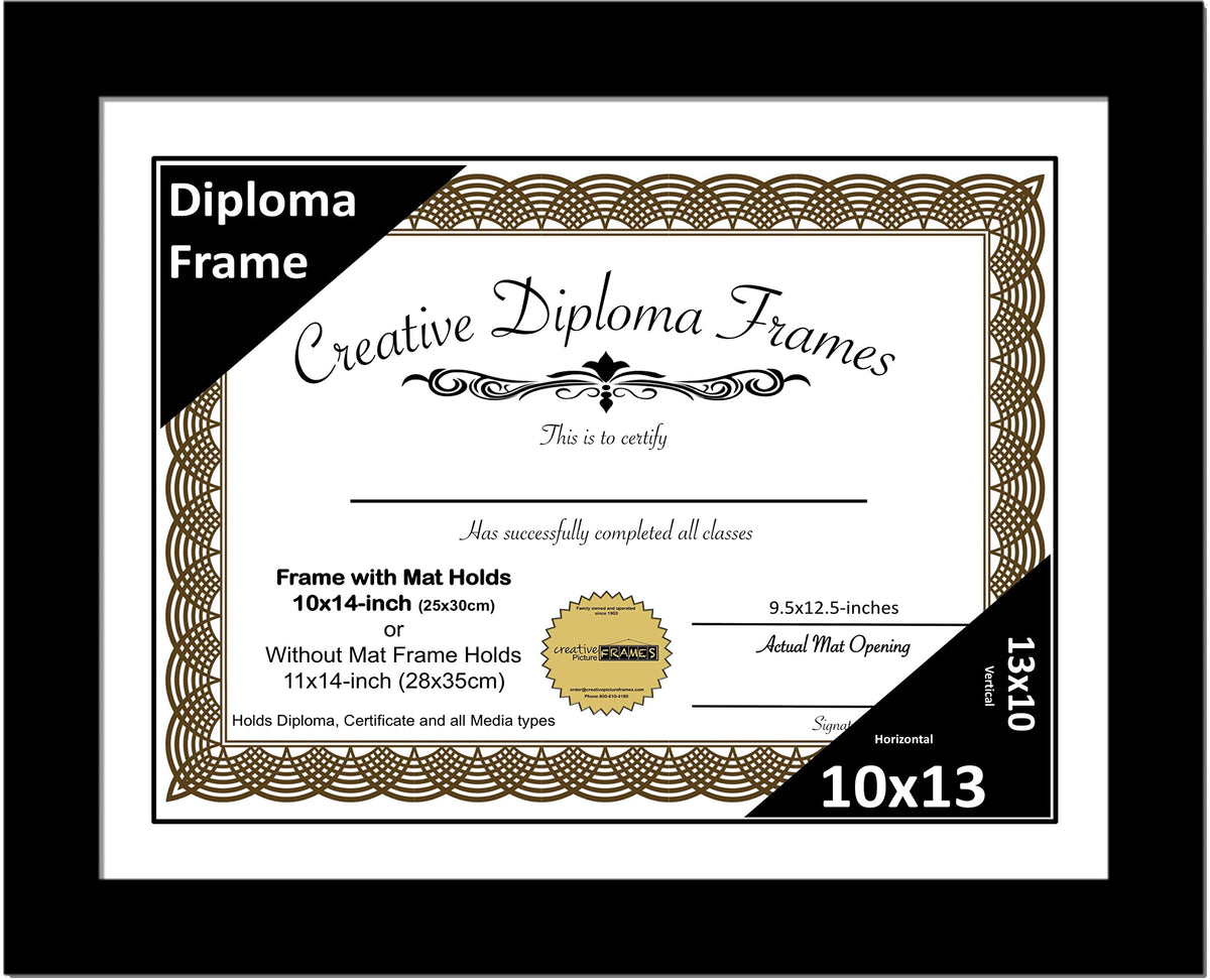 Creative Picture Frames 10x13 Classic Black Diploma Frame with White Mat Glass Easel and Installed Wall Hangers | Frame Holds 11