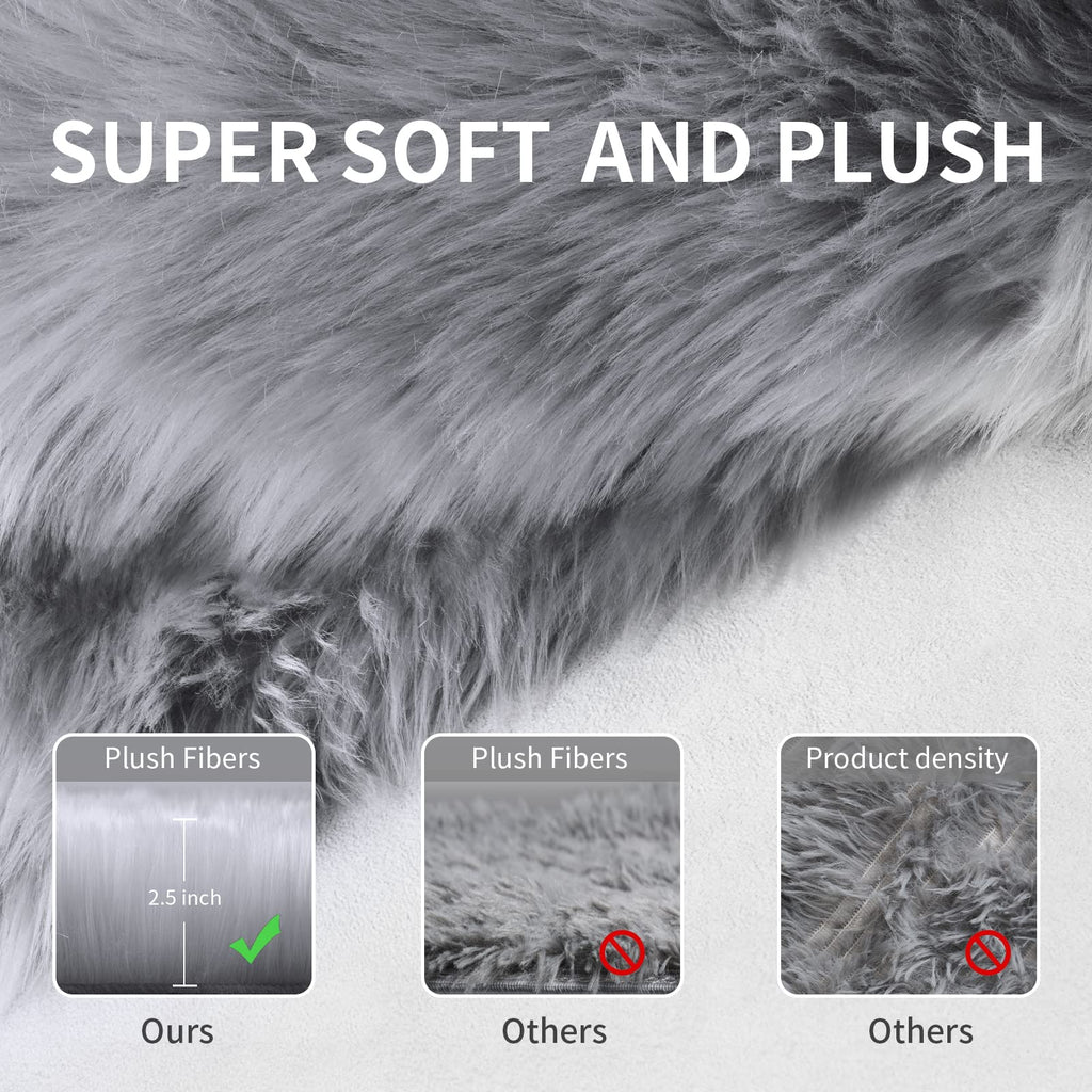 Small Faux Fur Rug, 2X4 Ft Ultra Soft Sheepskin Rug Chair Sofa Cover Seat Pad, Grey Fluffy Shag Rug For Bedroom Nursery Kids Roo