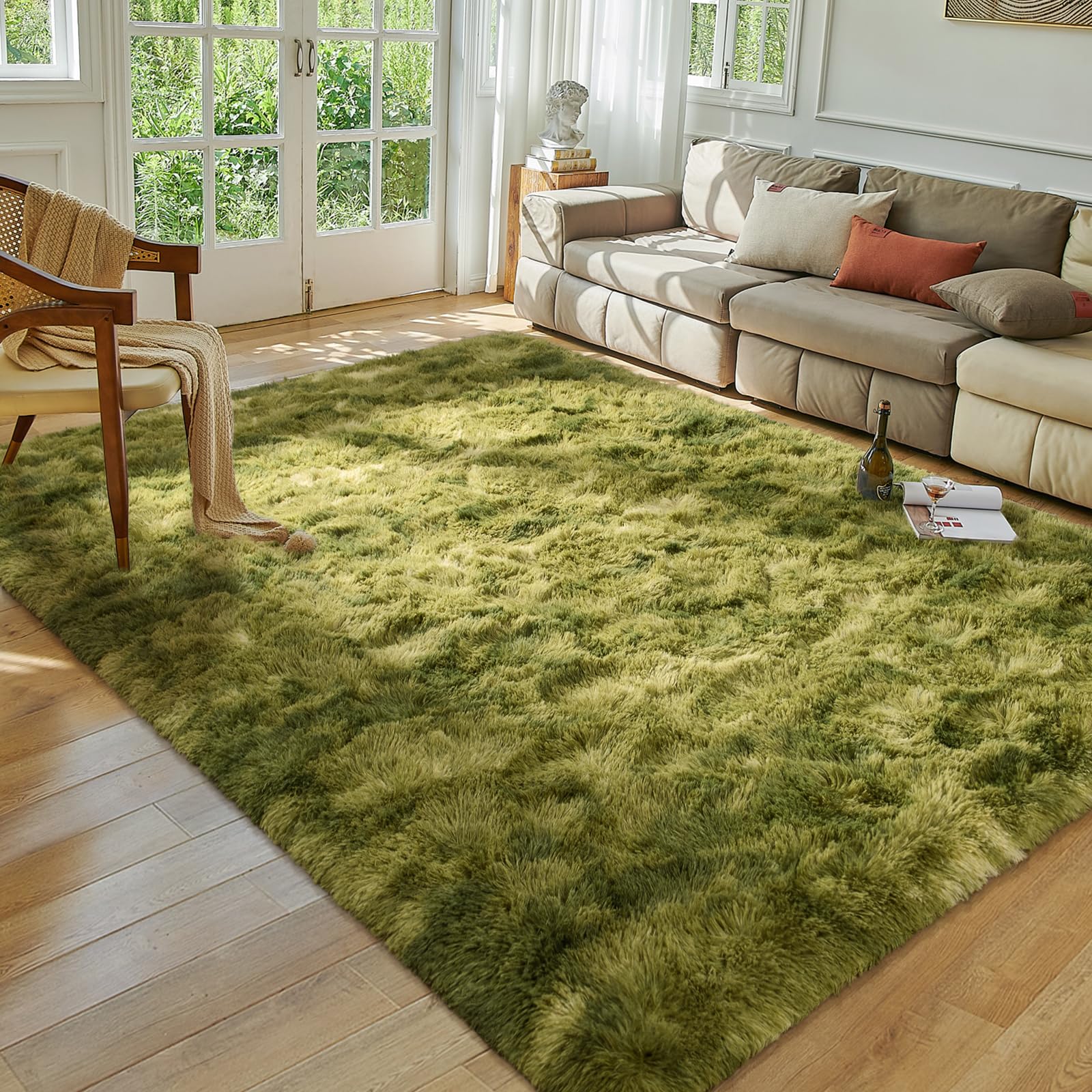 Softlife Area Rug for Living Room, 5x8 Feet Plush Fluffy Rug for Bedroom, Tie-Dyed Green Furry Shag Rug for Aesthetic Christmas 