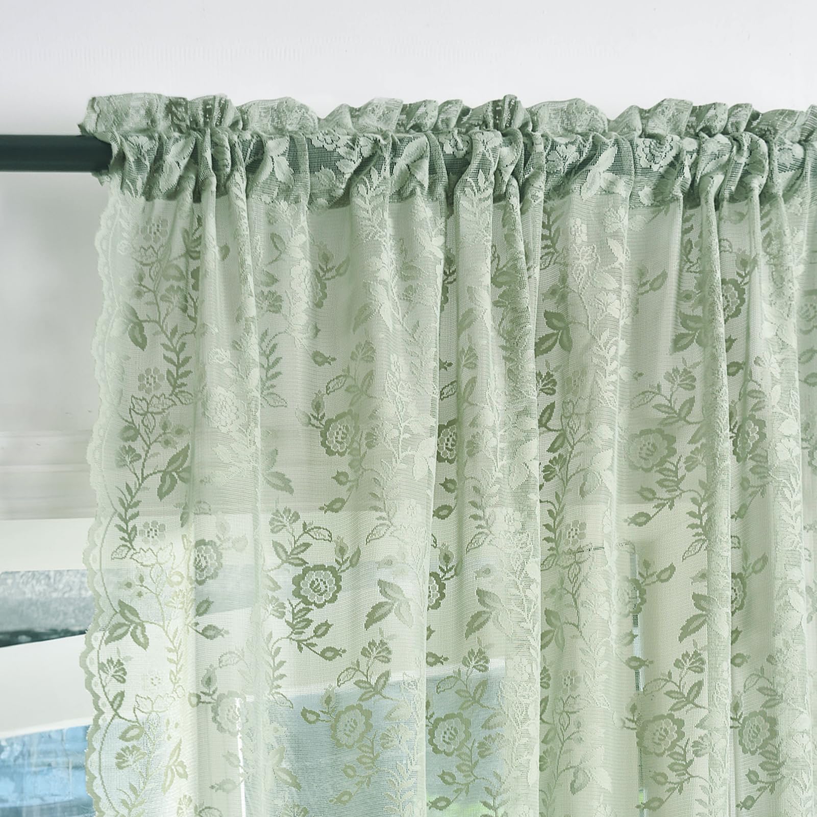 Sage Green Sheer Curtains 102 Inches Long 2 Panels Set Country Rustic Leaf Floral Spring Window Sheer Lace Curtains For Living R