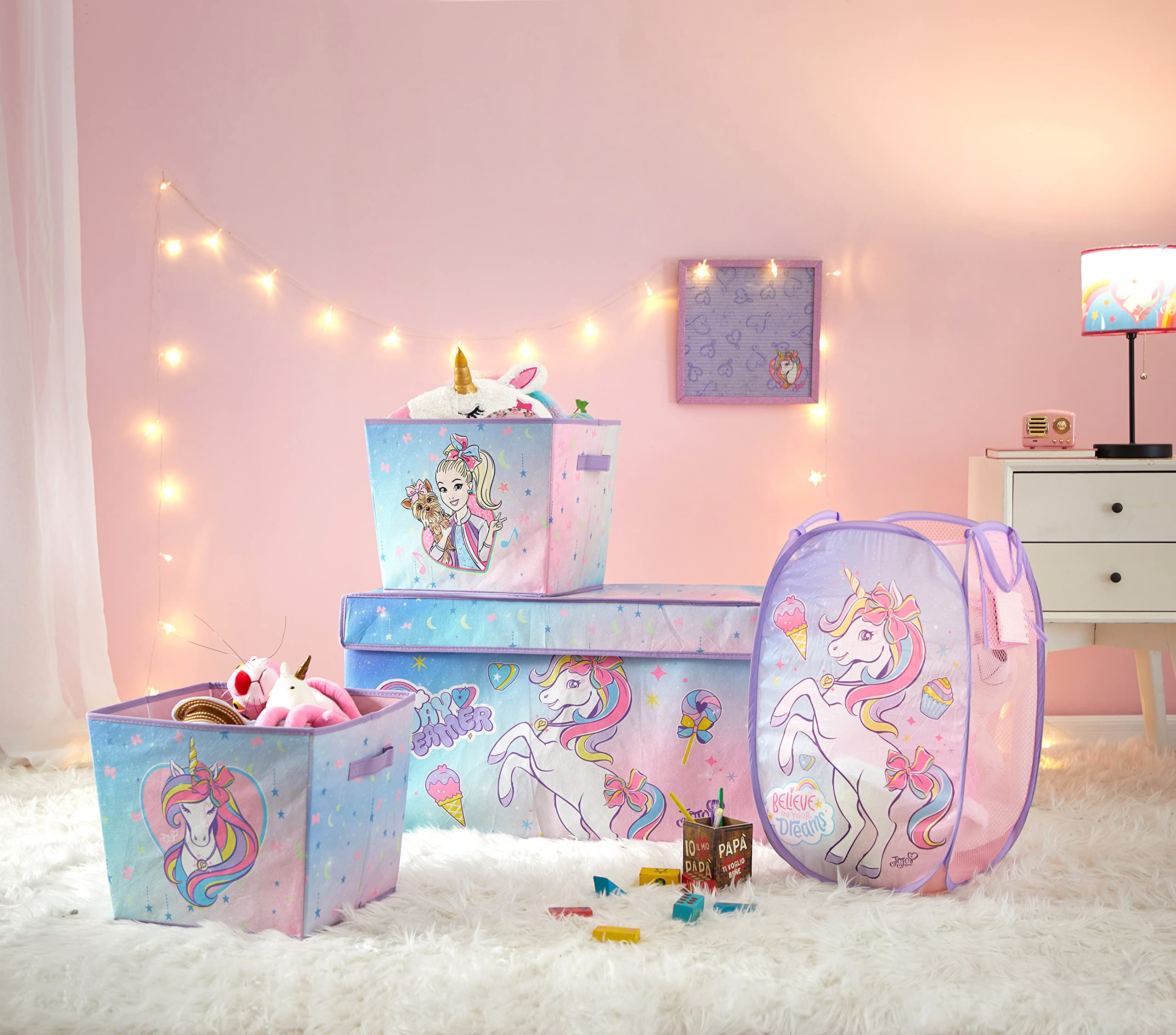 Idea Nuova JoJo Siwa 4 Piece Dreamy Bow Unicorn Storage Solution Set with Pop Up Hamper, Collapsible Storage Trunk and 2 Nestabl