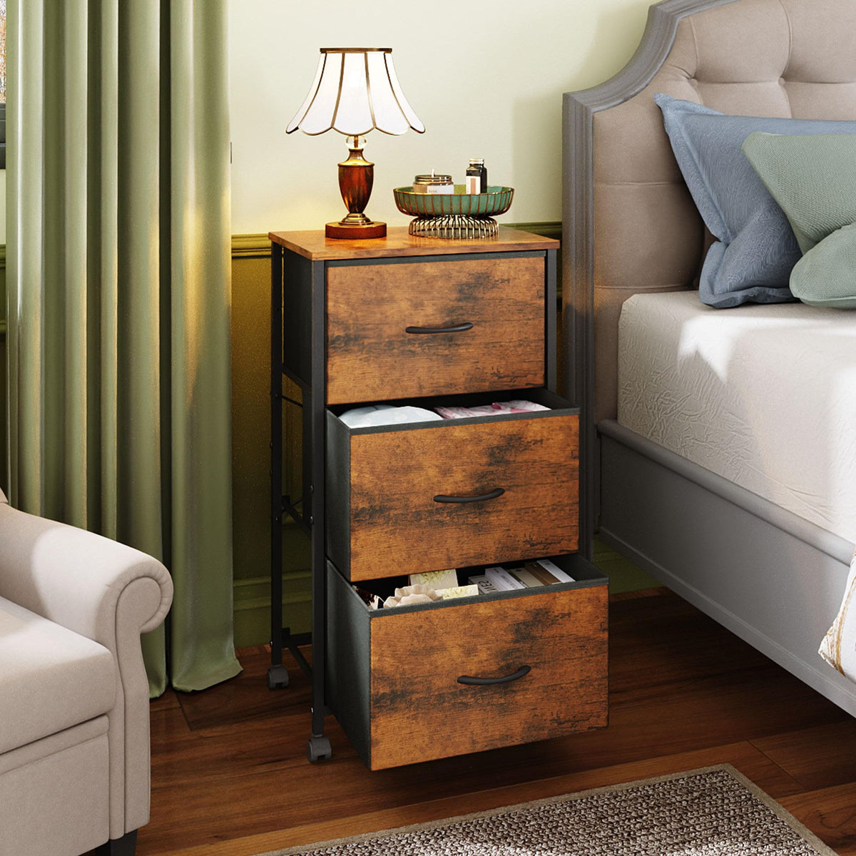 Wlive Dresser With 3 Drawers, Fabric Nightstand, Cabinet With Wheels, Organizer Storage Dresser For Bedroom, Office, Closets, Sturdy Steel Frame, Easy Pull Handle, Rustic Brown Wood Grain Print