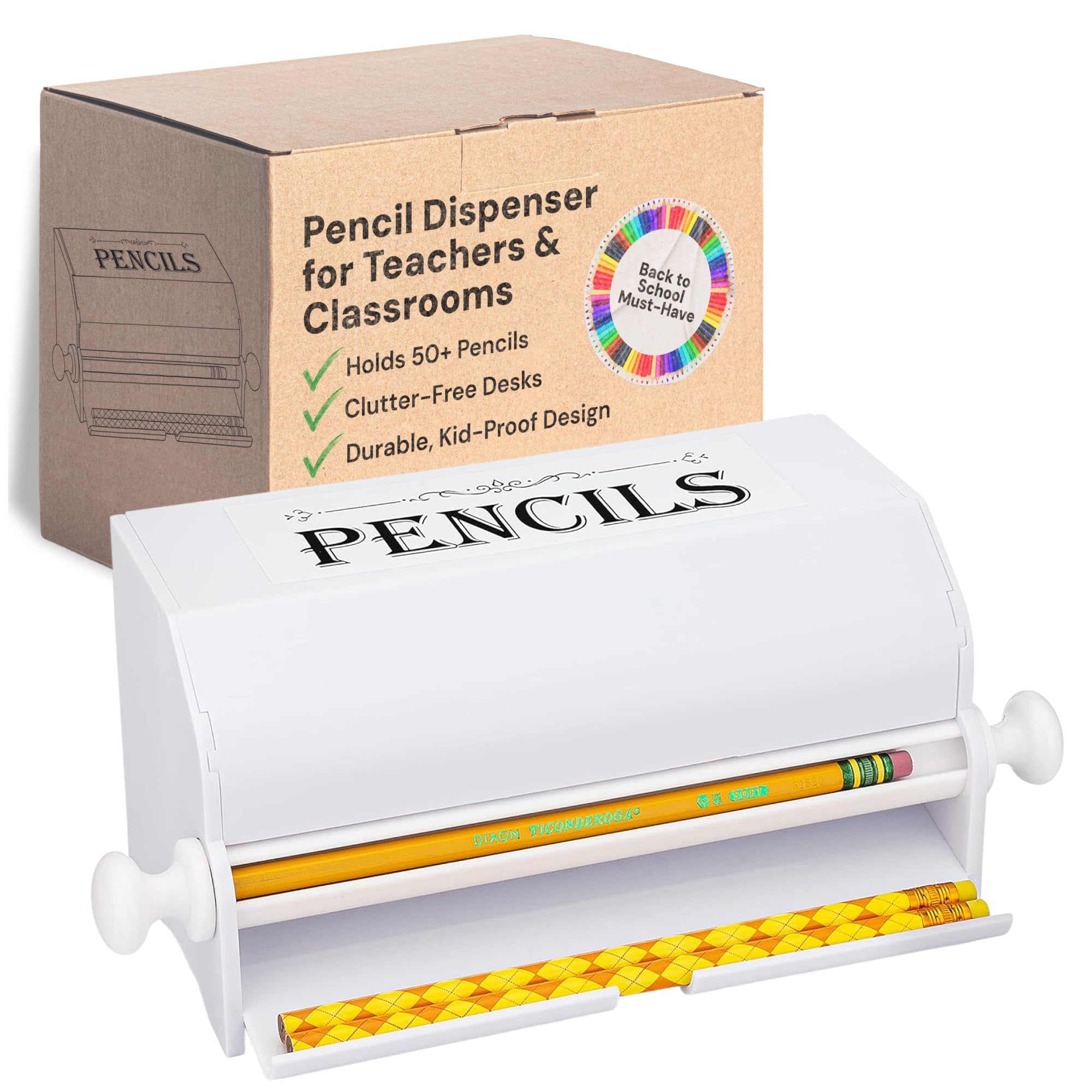 Simplyimagine Pencil Dispenser Holder - For Classroom, Home, Office Use Or Teacher Gift, Durable Acrylic Rolling Knob Pencil Sto