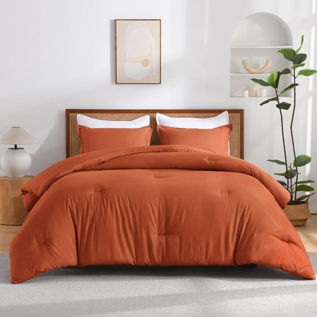 Andency Queen Comforter Set Burnt Orange, 3 Pieces Terracotta Solid Fluffy Lightweight Bedding Sets, Boho Soft Microfiber All Season Bed Set (90X90 Comforter With 2 Pillowcases)