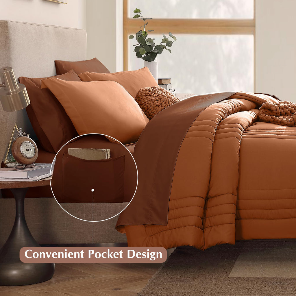 Monbix Burnt Orange Full Size Comforter Sets, 7 Piece Full Size Bedding Sets, Warm Comforters, Bed In A Bag Full With Sheets,Pil