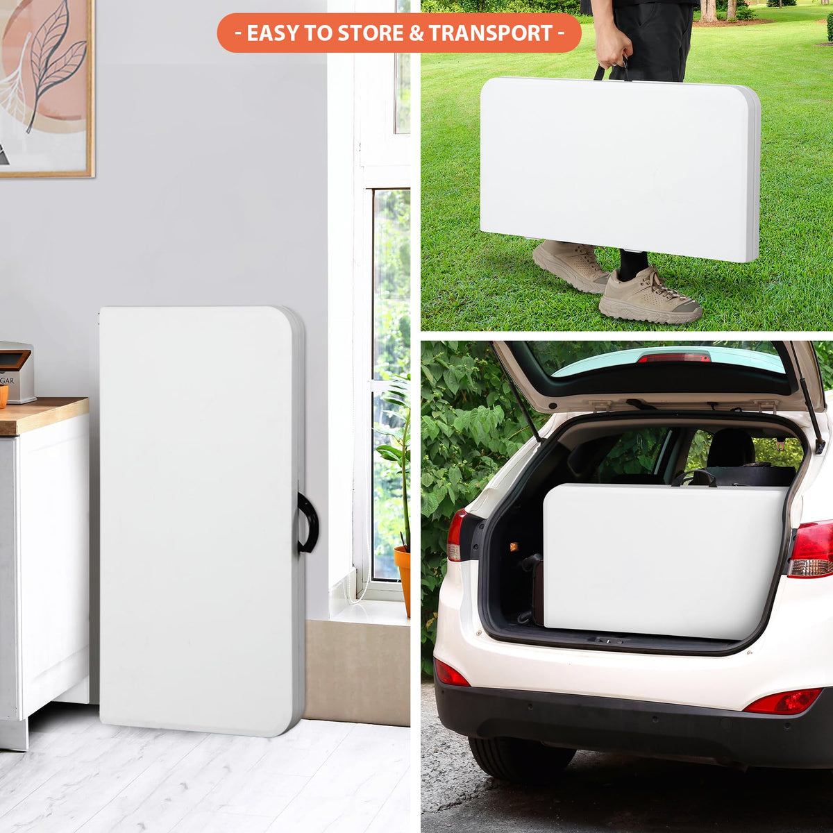 Zeny 34Inch Fold In Half Square Table, Portable Plastic Dining Card Table For Kitchen Or Outdoor Party Wedding Event, Bi-Folding Picnic Camp Dining Table, White