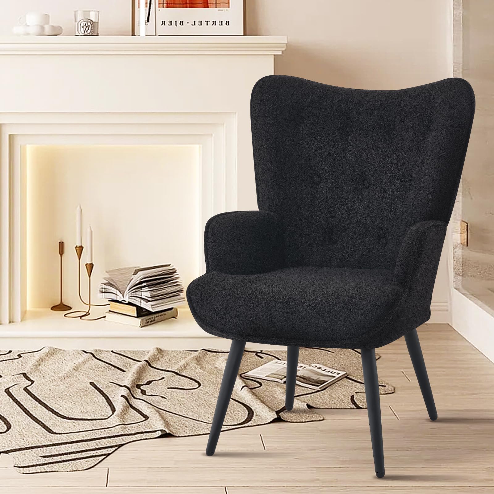 Furnimart Faux Fur Black Accent Chair Wing Back Modern Living Room Chairs, Comfy Armchair Leisure Vanity Guest Chair for Office 