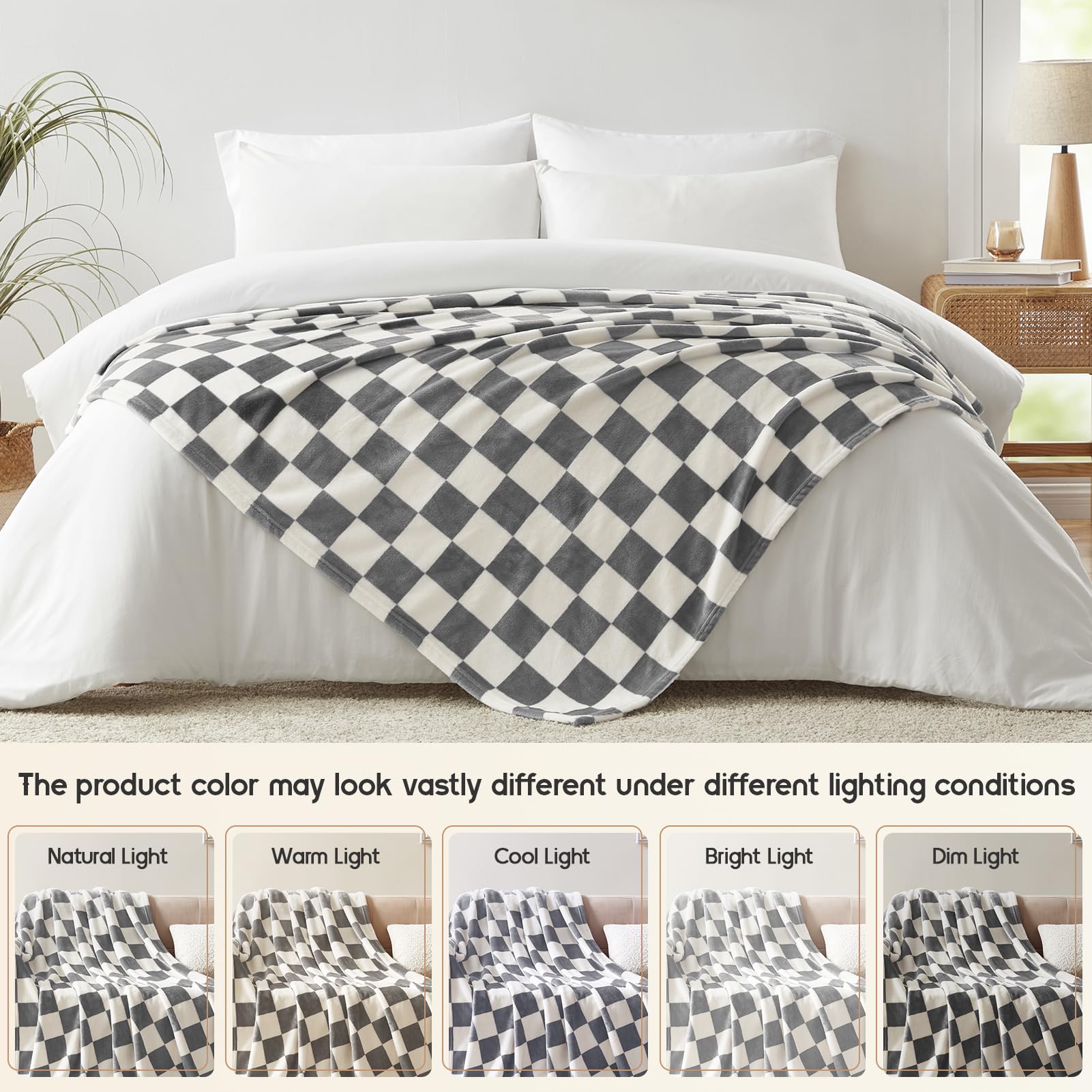 Homelike Moment Checkered Throw Blanket, Grey Checkerboard Grid Soft Fluffy Fleece Blankets Throws, Fuzzy Cozy Plush Flannel Bla