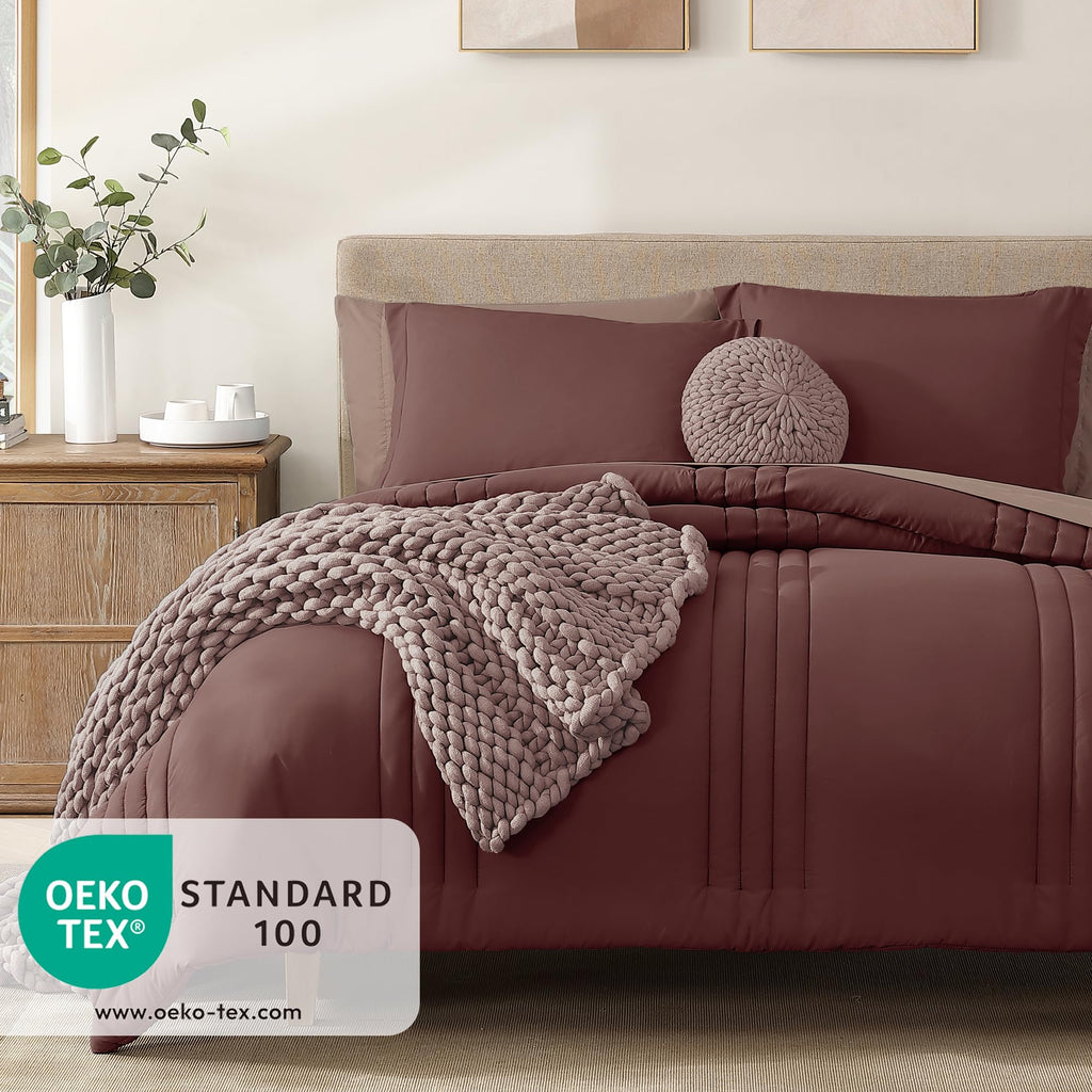 Monbix Queen Comforter Set - 7 Pieces Dark Red Bed In A Bag Queen Bedding Sets With Comforters, All Seasons Down Alternative Com