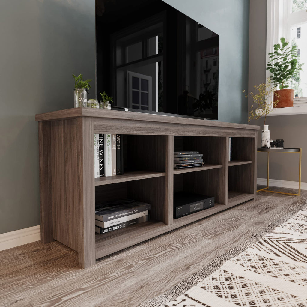 Flash Furniture Kilead TV Stand for up to 80" TVs - Modern Gray Wash Oak Finish - 65" Engineered Wood Framed Media Console - 6 Open Storage Compartments