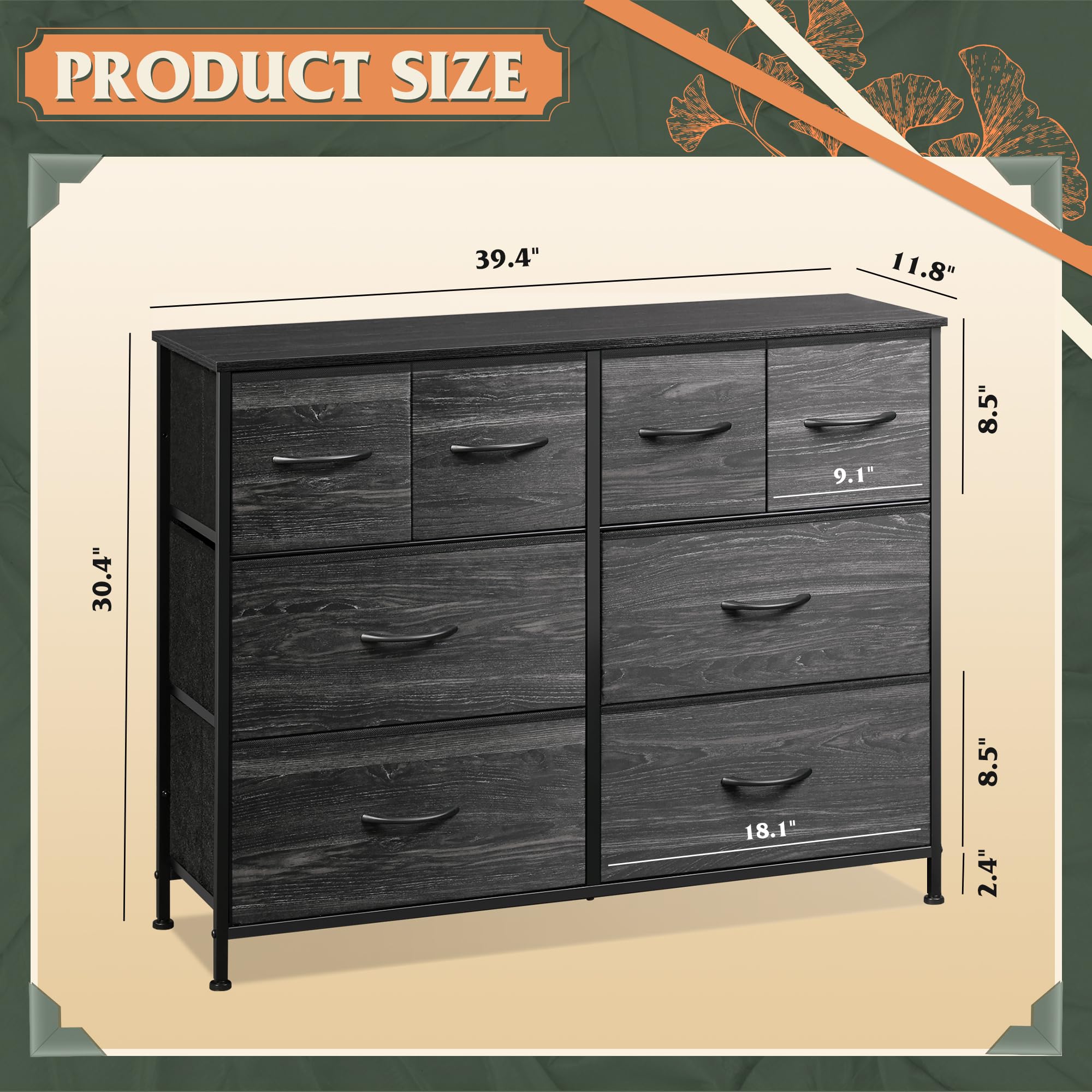 Wlive Dresser For Bedroom With 8 Drawers, Wide Fabric Dresser For Storage And Organization, Bedroom Dresser, Chest Of Drawers For Living Room, Closet, Hallway, Charcoal Black Wood Grain Print