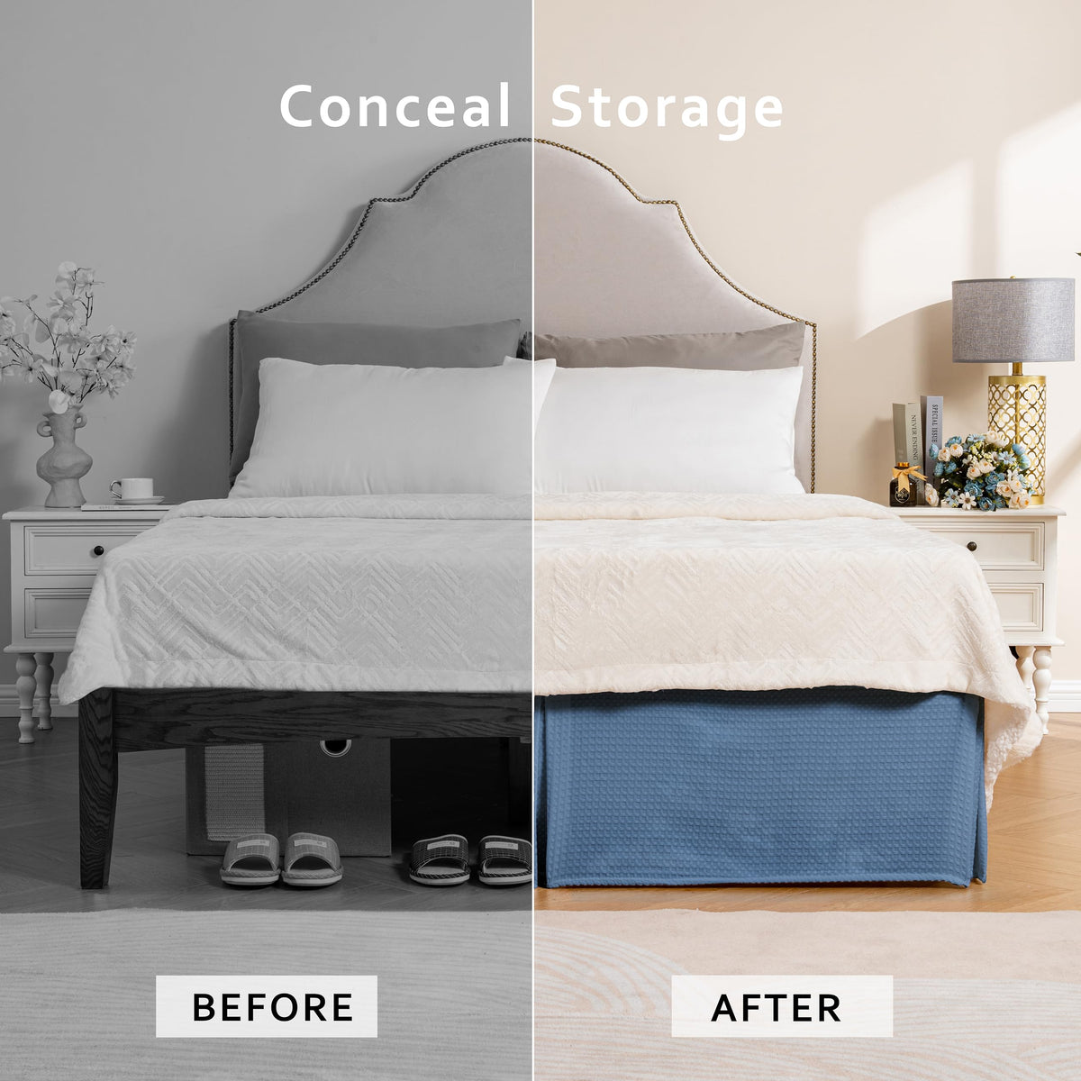 Miye Pleated Waffle Weave Bed Skirt, Tailored Dust Ruffle 22 Inch Drop Easy Fit, Machine Washable (Blue, Twinxl - 22'' Drop)