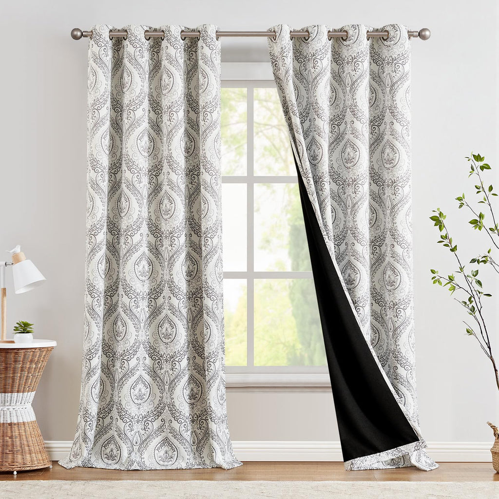 Jinchan 100% Blackout Curtains 108 Inch Length 2 Panels Grey Damask Medallion Window Curtains For Bedroom Extra Long Grommet Thermal Insulated Drapes For Living Room Vintage Window Treatments Set