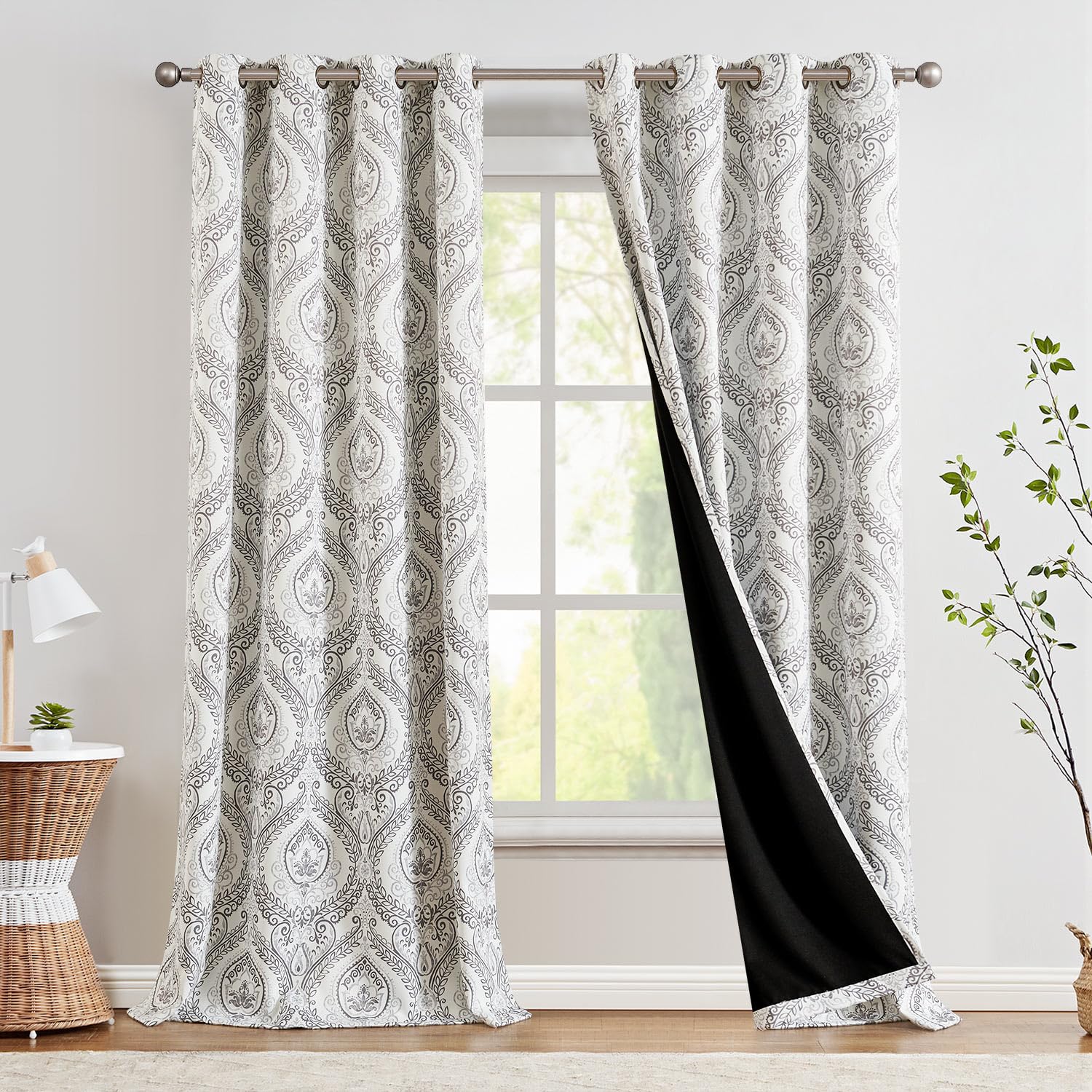 Jinchan 100% Blackout Curtains 108 Inch Length 2 Panels Grey Damask Medallion Window Curtains For Bedroom Extra Long Grommet Thermal Insulated Drapes For Living Room Vintage Window Treatments Set
