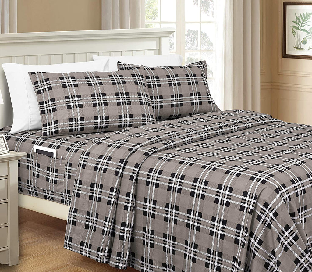 Elegant Comfort Lilliana Plaid 6-Piece Sheet Set, Supreme Coziness Fade & Wrinkle Resistant, 1500 Premium Hotel Quality Microfiber, Sheet Featuring Smart Pockets, Plaid Sheet Set, Full, Gray