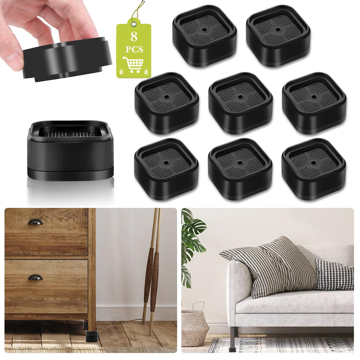 8 Pack Furniture Risers 1 Or 2 Inch, Adjustable Bed Risers Heavy Duty For Table Desk Couch Chair Sofa Cabinet Bed Legs Dorm, Squ