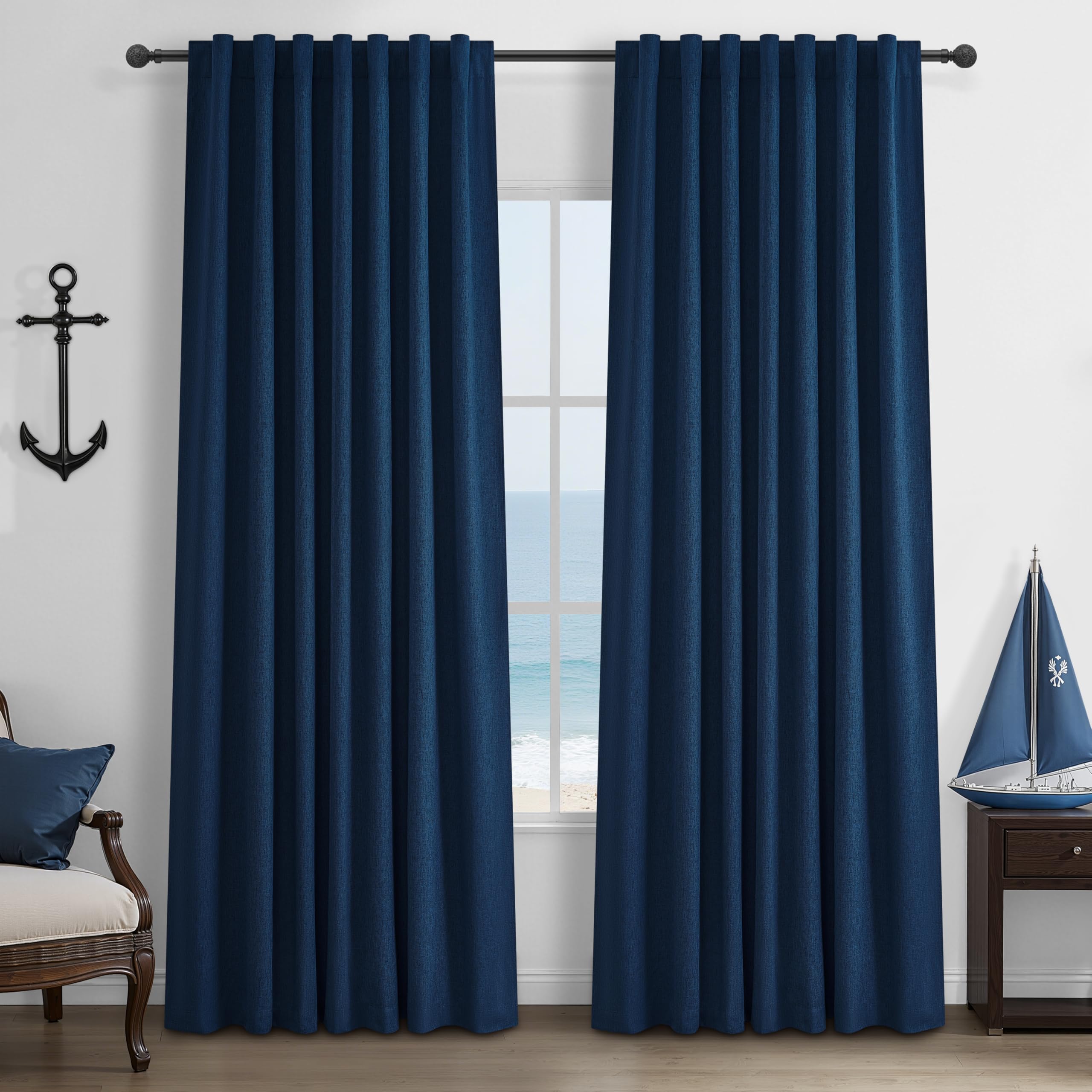 Navy Blue Blackout Curtains 84 Inch Length for Kids/Boys Rooms/Bedroom, Floor to Ceiling Track Pleated Drapes with Hooks Linen T
