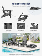 Kingyes Folding Adjustable Adirondack Chair With Retractable Ottoman Set Of 2, Hdpe All Weather Chair With Cup Holder, Wood-Like Reclining Adirondack Chair - Versatile Adirondack Chair, Grey