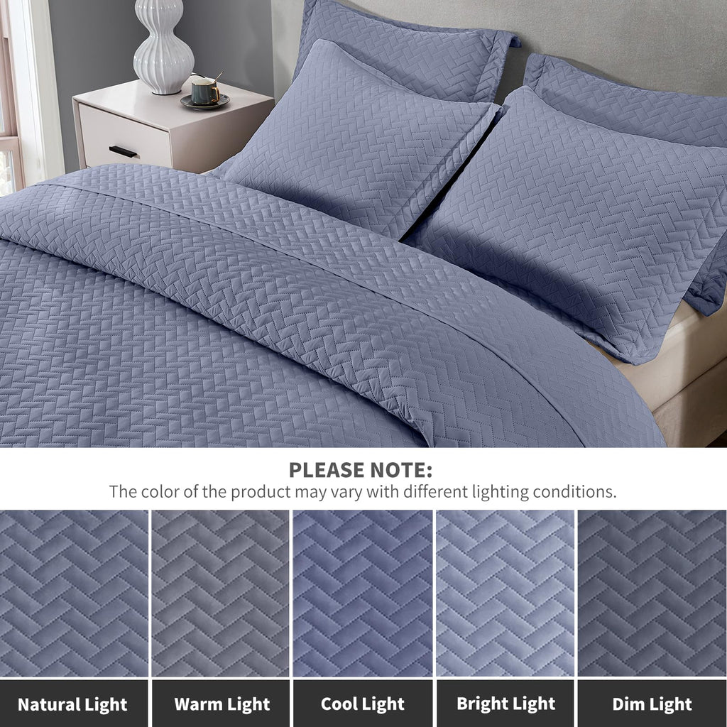 Maple&Stone Quilt Set Oversized King Size, 128''X120'' Lightweight Mineral Blue Bedspread Ultrasonic Chevron Pattern Light Cover