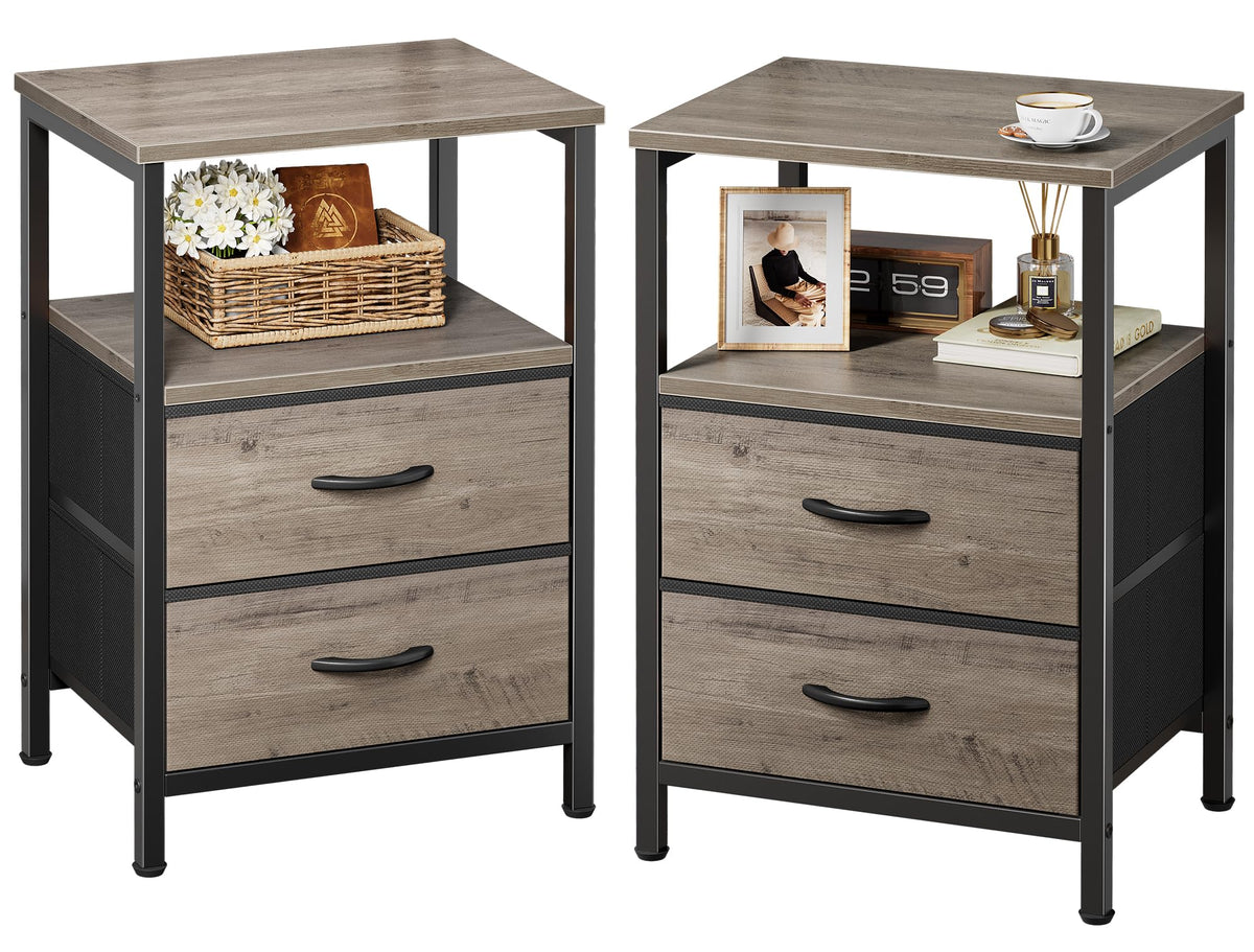 Huuger Night Stand Set of 2, Nightstand with 2 Drawers, Bed Side Table with Open Shelf, Wooden Top, End Table, Fabric Drawer wit