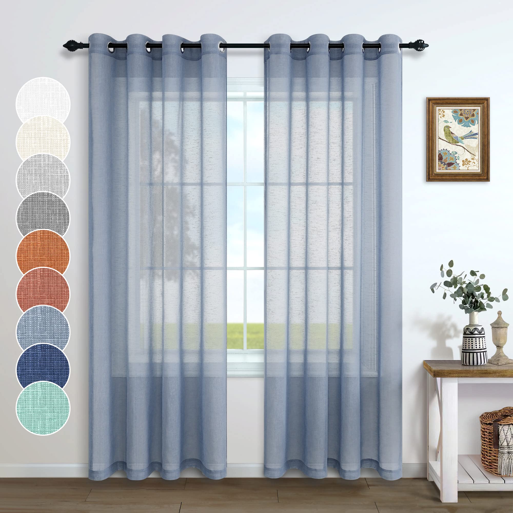 Pitalk Dusty Blue Semi Sheer Curtains 90 Inches Long for Living Room Set 2 Panels Rod Pocket Window Coverings Faux Linen Drapes 
