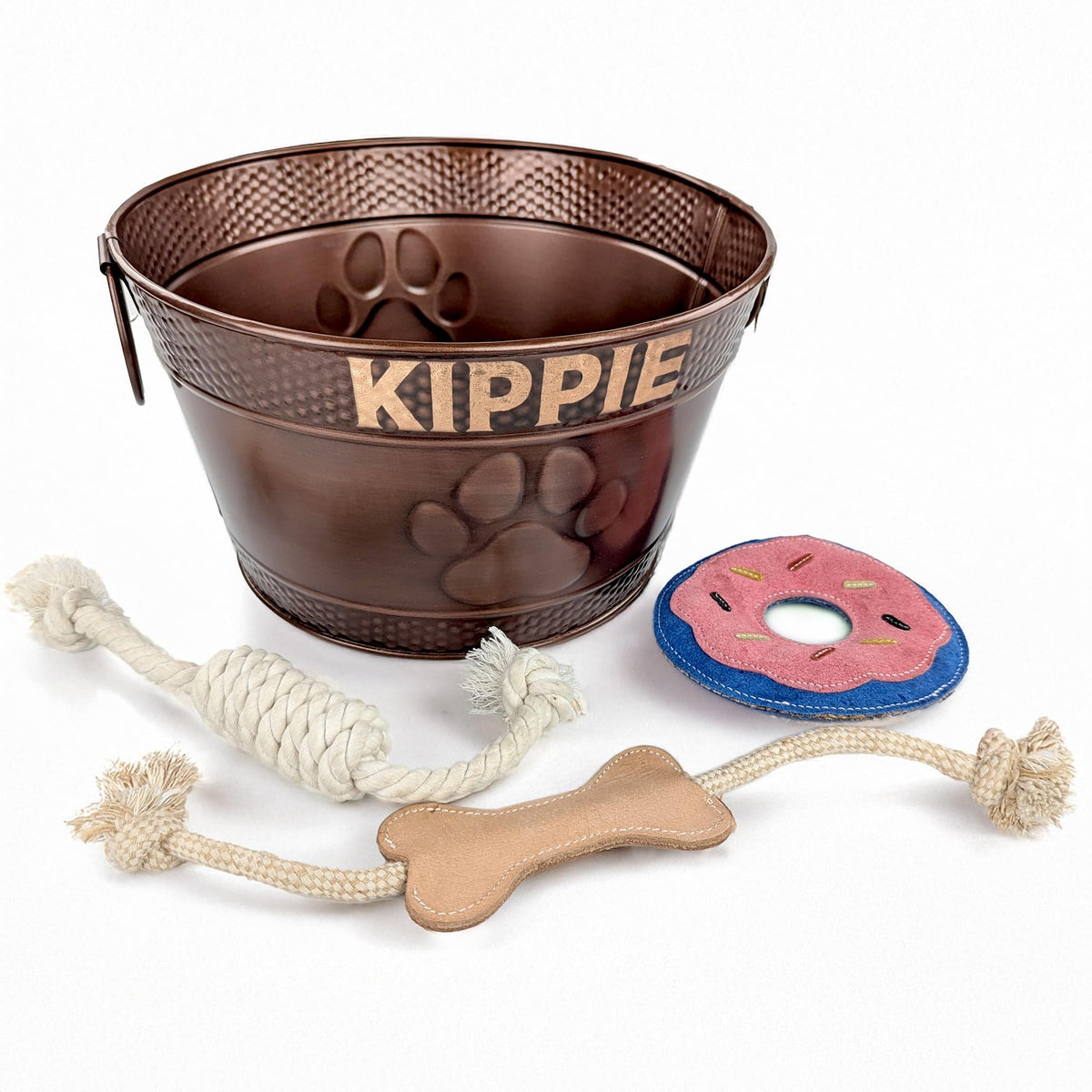 Personalized Metal Dog Toy Bin + 3 Toy Combo Set - Copper Galvanized Storage Bin with Handles, Basket for Pet Toys, Dog Toy Box,