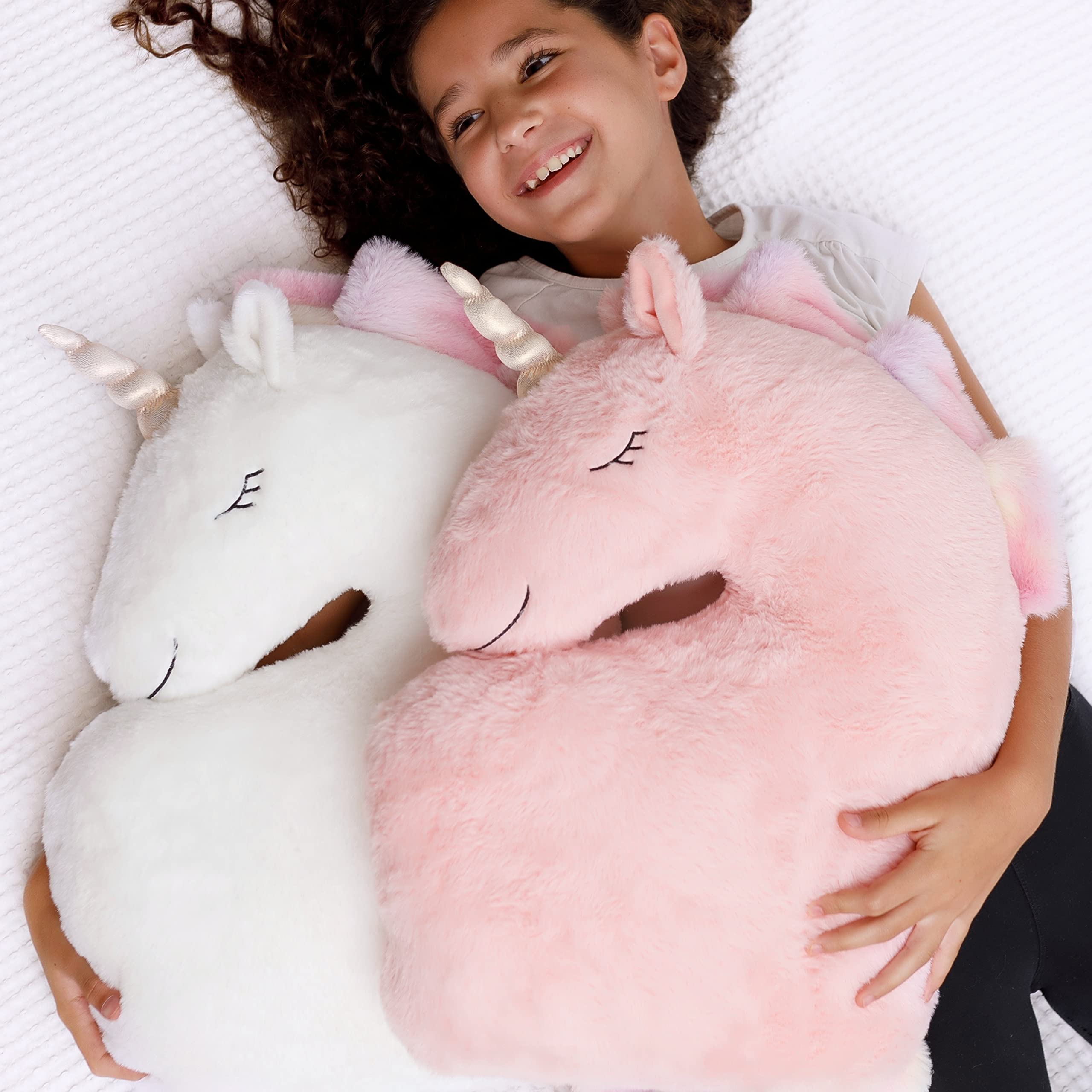 Perfectto Design Set Of 2 Decorative Unicorn Pillows For Girls Kids Bed Room - White Pink Fluffy Plush For Baby Girl, Cute Throw