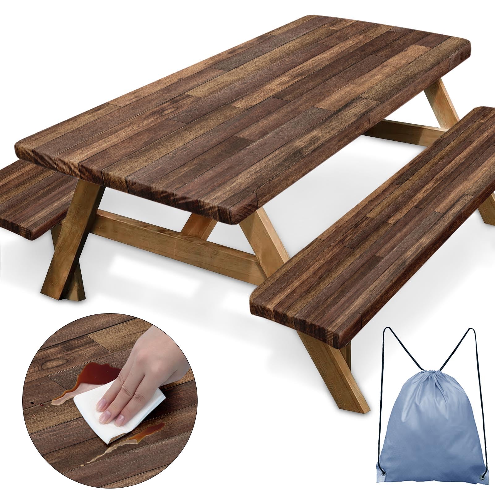 Britown Picnic Table Cover with Bench Covers Elastic Edges, Brown Wood Fitted Table Cover, Outdoor Patio Camping Essentials 72 I