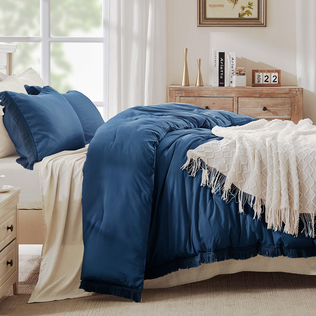 Andency Navy Blue Comforter King Size, 3 Pieces Boho Tassel Lightweight Bedding Comforter Sets For King Bed, All Season Soft Fluffy Fringe Bed Set (104X90In Comforter & 2 Pillowcases)