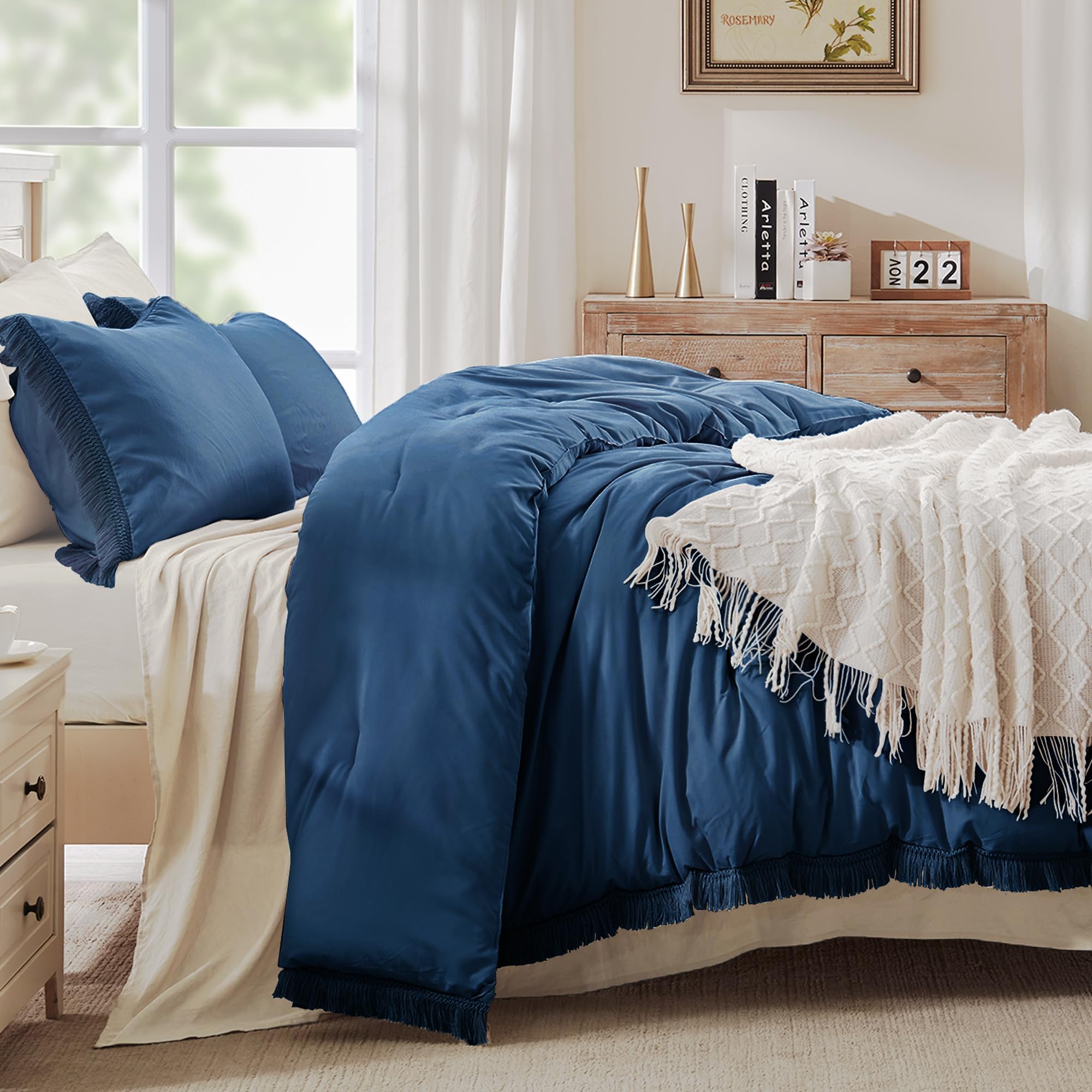 Andency Navy Blue Comforter King Size, 3 Pieces Boho Tassel Lightweight Bedding Comforter Sets For King Bed, All Season Soft Fluffy Fringe Bed Set (104X90In Comforter & 2 Pillowcases)
