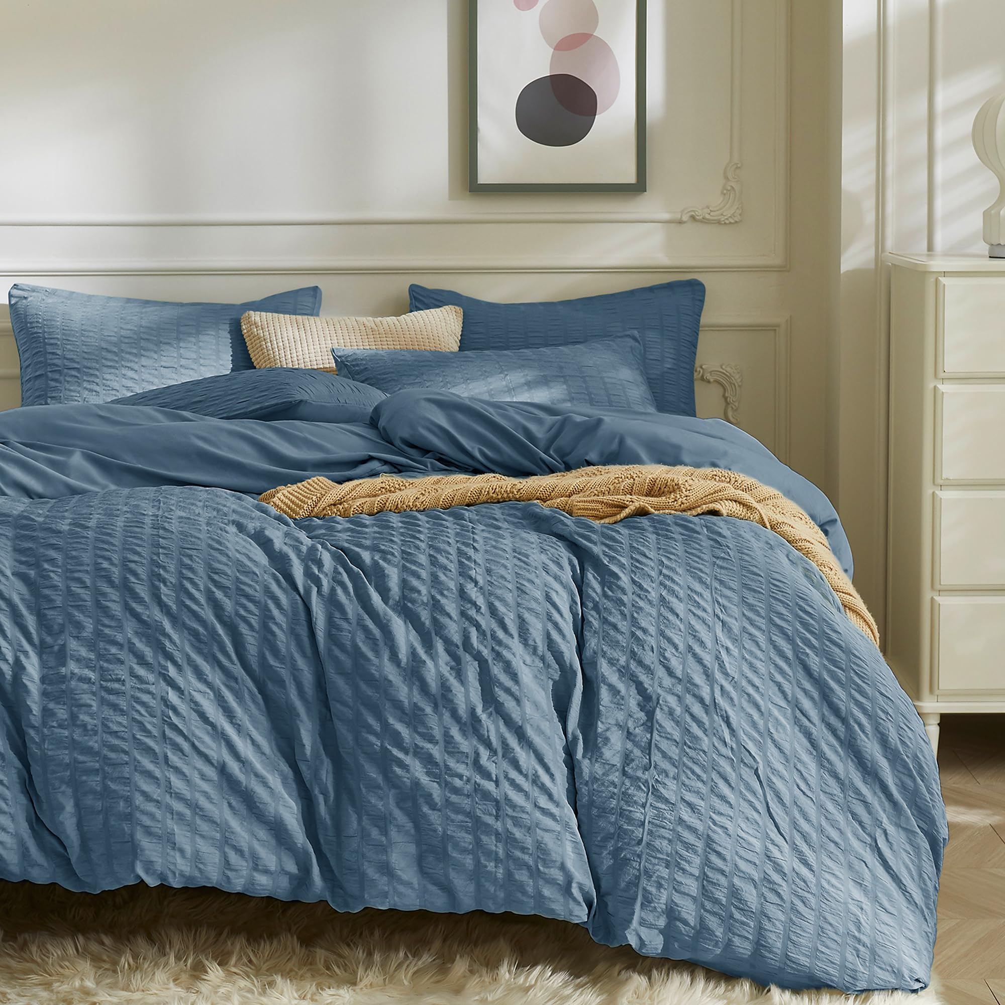 Jellymoni Sierra Blue Duvet Cover Twin Size, 3Pcs Washed Microfiber Bedding Set, Soft Breathable Seersucker Duvet Cover Set With