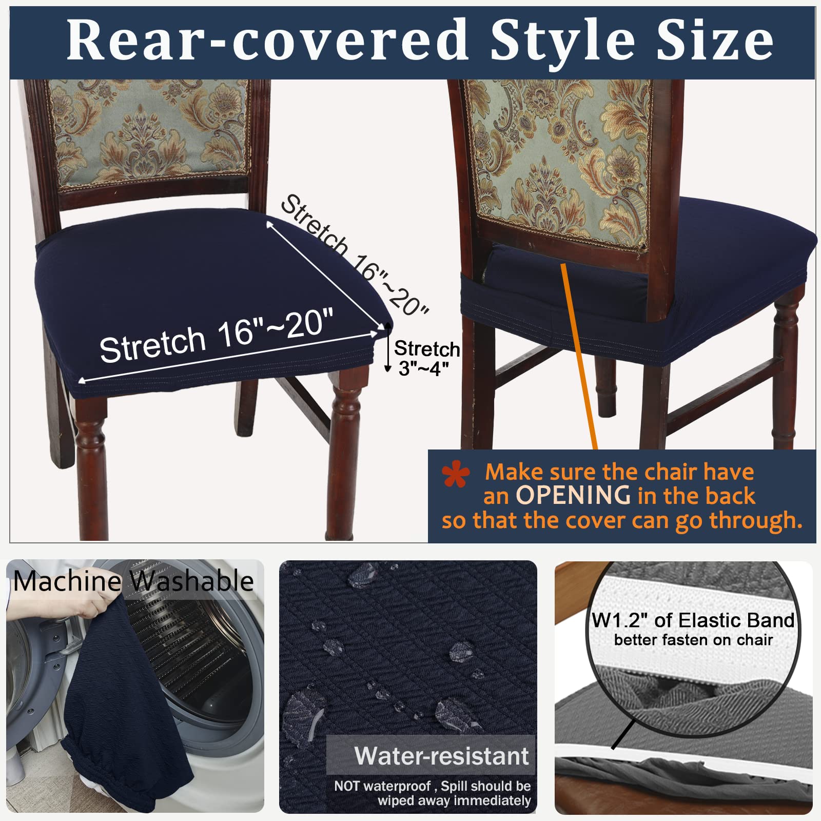Buyue Luxury Dining Room Chair Covers Set Of 6, Easy Installation Stretchy Jacquard Armless Kitchen Chair Seat Protectors, Rear Covered- Navy Blue- 6