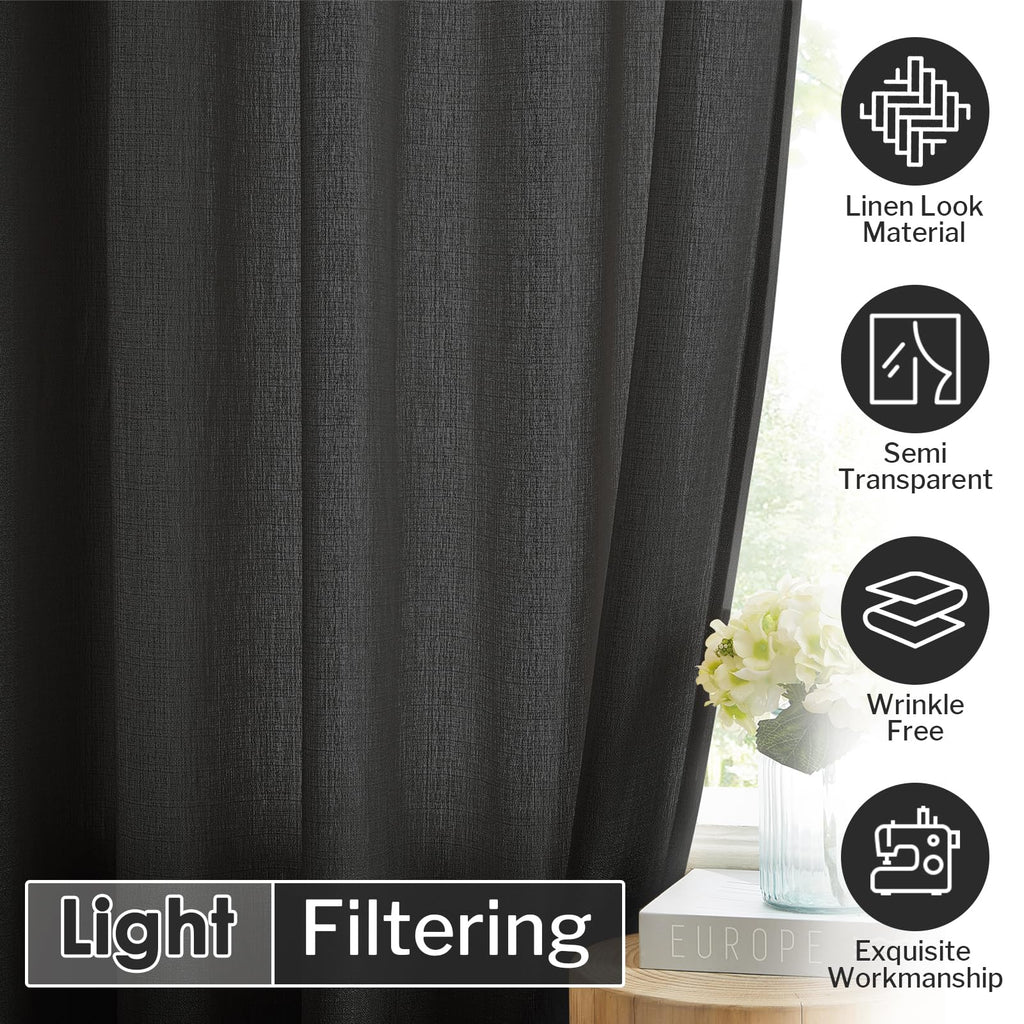 Melodieux Black Semi Sheer Curtains 72 Inches Long For Bedroom, Living Room Linen Look Privacy Window Rod Pocket Sheer Drapes, 5