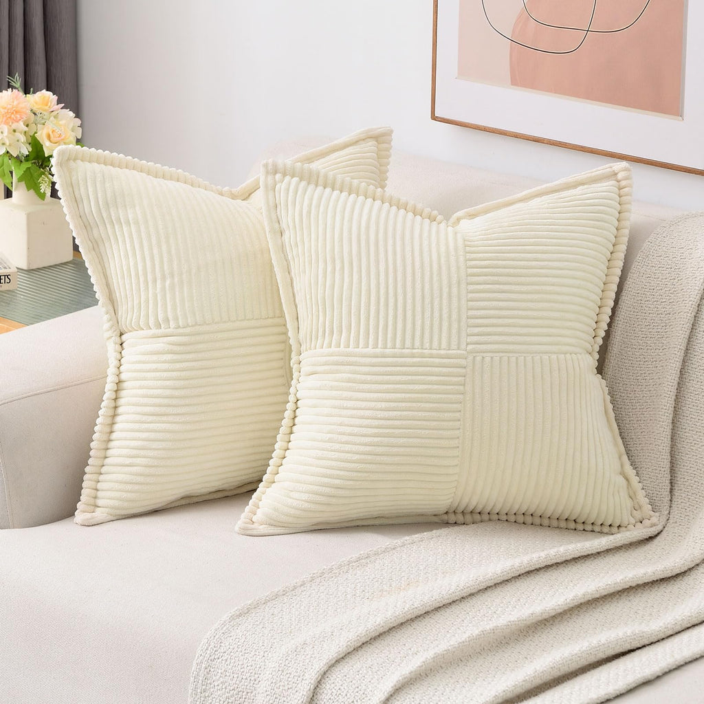 Haussy Beige Throw Pillow Covers 20X20 Inch Set Of 2,Soft Solid Corduroy Striped/Wide Bordered,Square Decorative Cushion Case,Wi