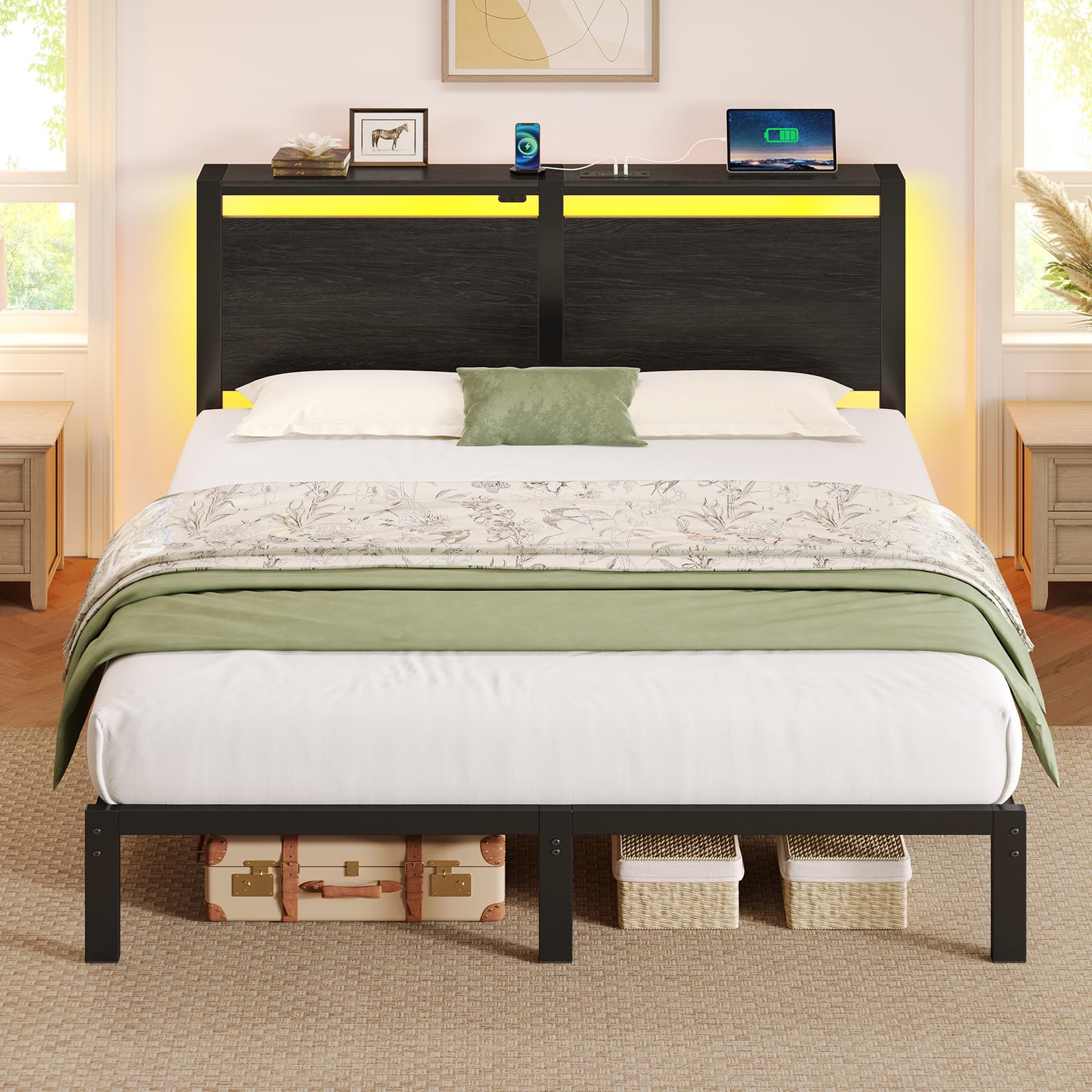 Rolanstar Full Size Bed Frame with Charging Station, LED Full Bed Frame with Wood Storage Headboard, Platform Bed with Metal Sla