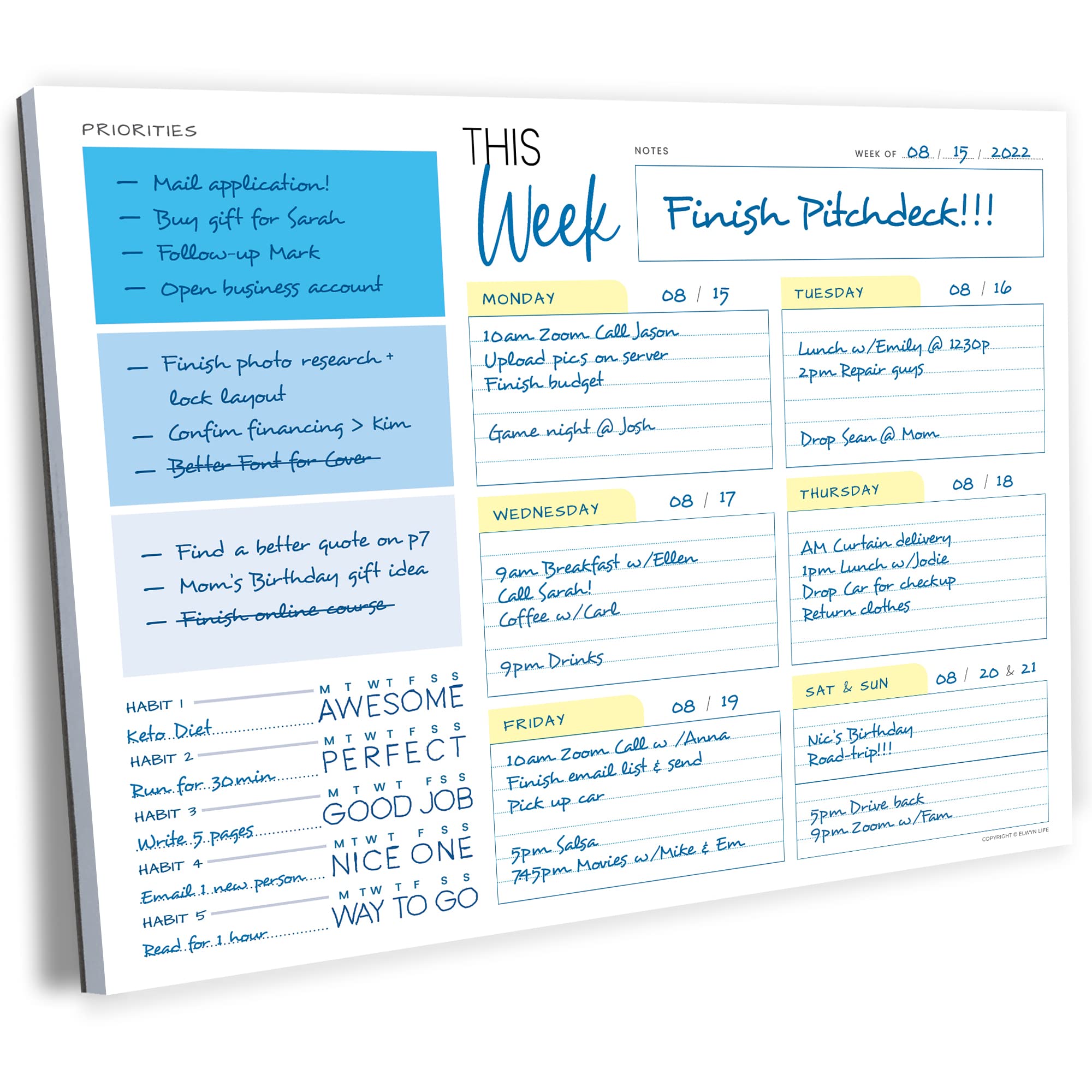 Weekly Planner Pad - Undated Planner - To Do List Notepad - Habit Tracker - 11 X 8.5' - 52 Tear-Off Sheets - Daily Planner Unda