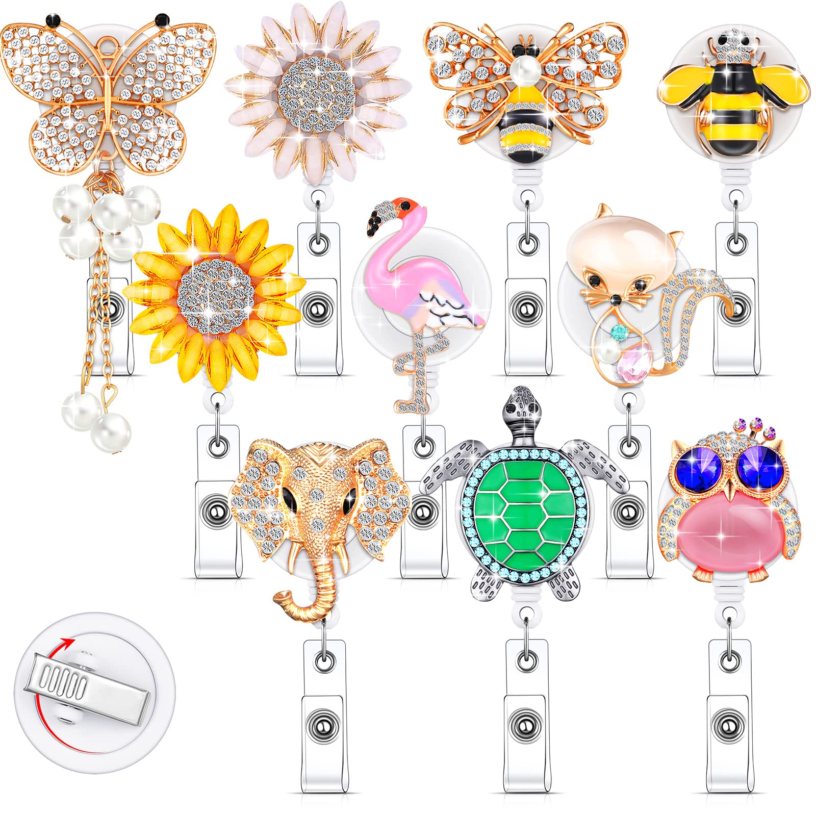 Teling 10 Pcs Retractable Nursing Badge Holder With Clip Rhinestone Badge Reels Animal Butterfly Nurse Card Name Badge Holders B