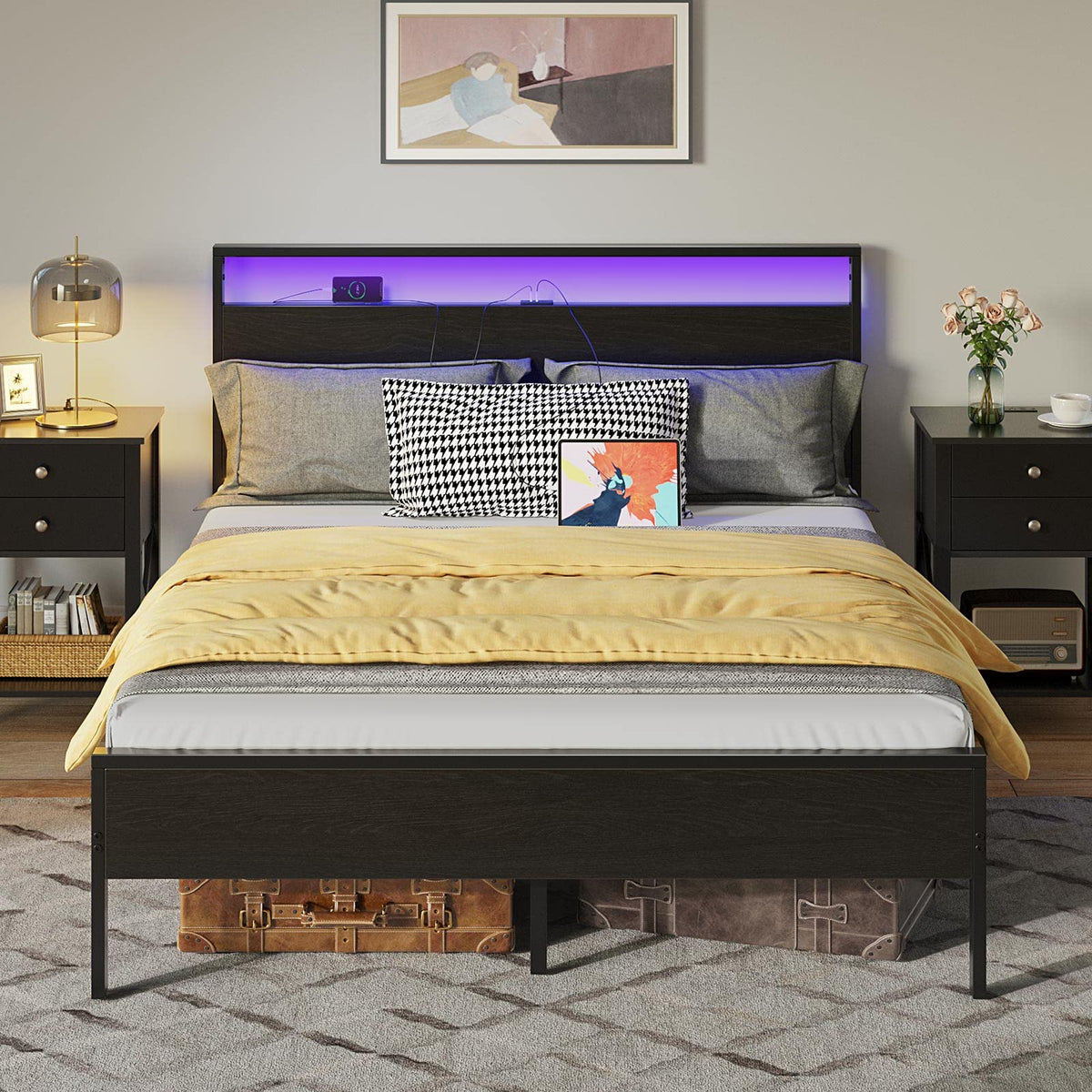 Rolanstar Full Bed Frame With Headboard, Bed Frame Full With Led Lights, Camas Full Size Bed With Charging Station, Solid Metal