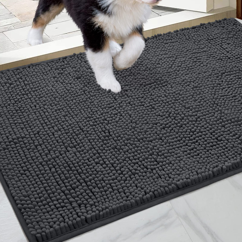 Homeideas Absorbent Chenille Door Mat Indoor, 24“X36”, Dirt Trapper Machine Washable Non Slip Throw Rugs For Entryway, Entrance, Mud Room, Thick Welcome Doormat, Dark Gray