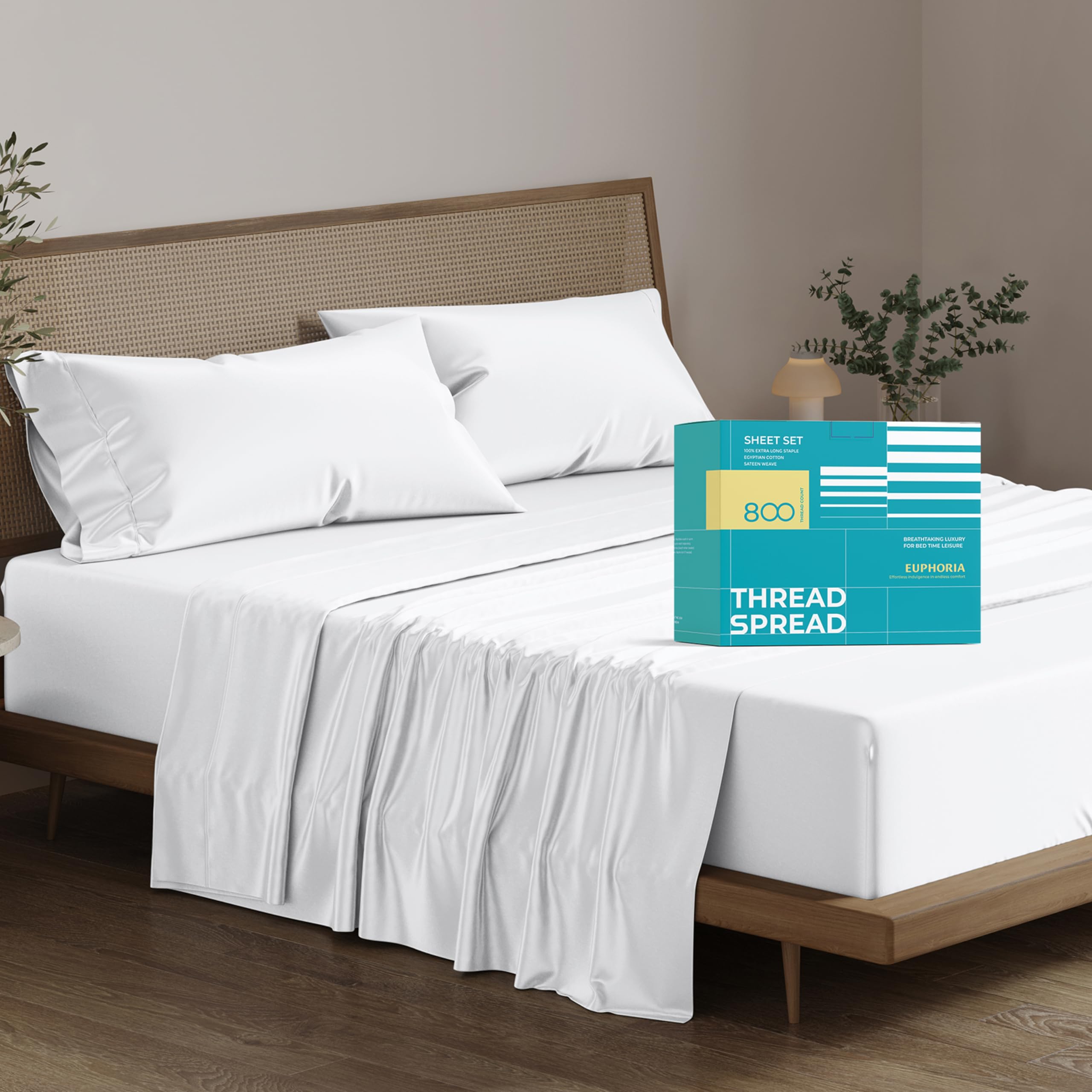 Thread Spread 100% Egyptian Cotton Sheet King Size - 800 High Thread Count Sheets King, 4 Pc White Luxury Hotel King Size Sheets