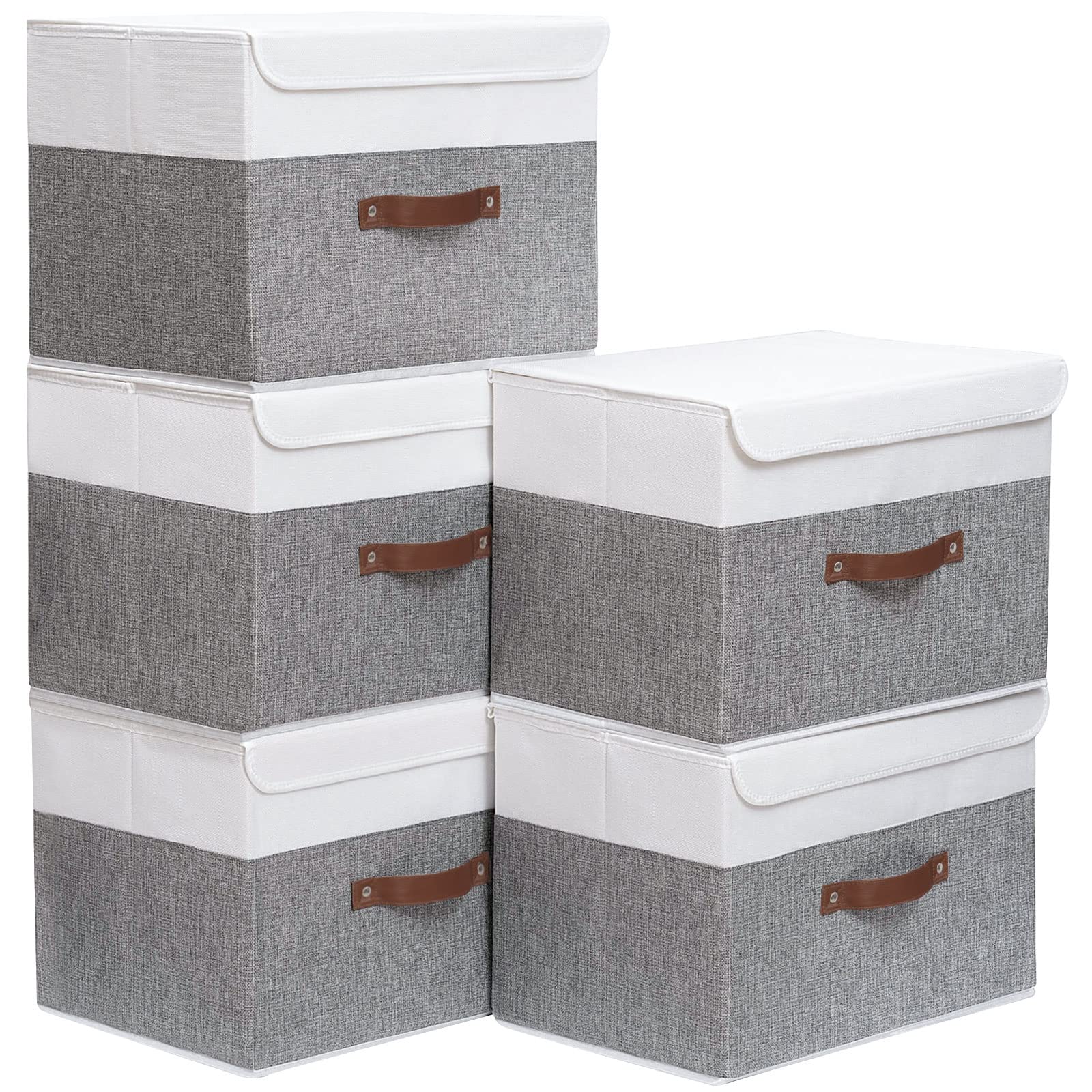 Yawinhe 25 Quart Storage Boxes with Lids, Linen Fabric Storage Bin Cube Organizer Basket, Washable and Leather Handle, for Home,