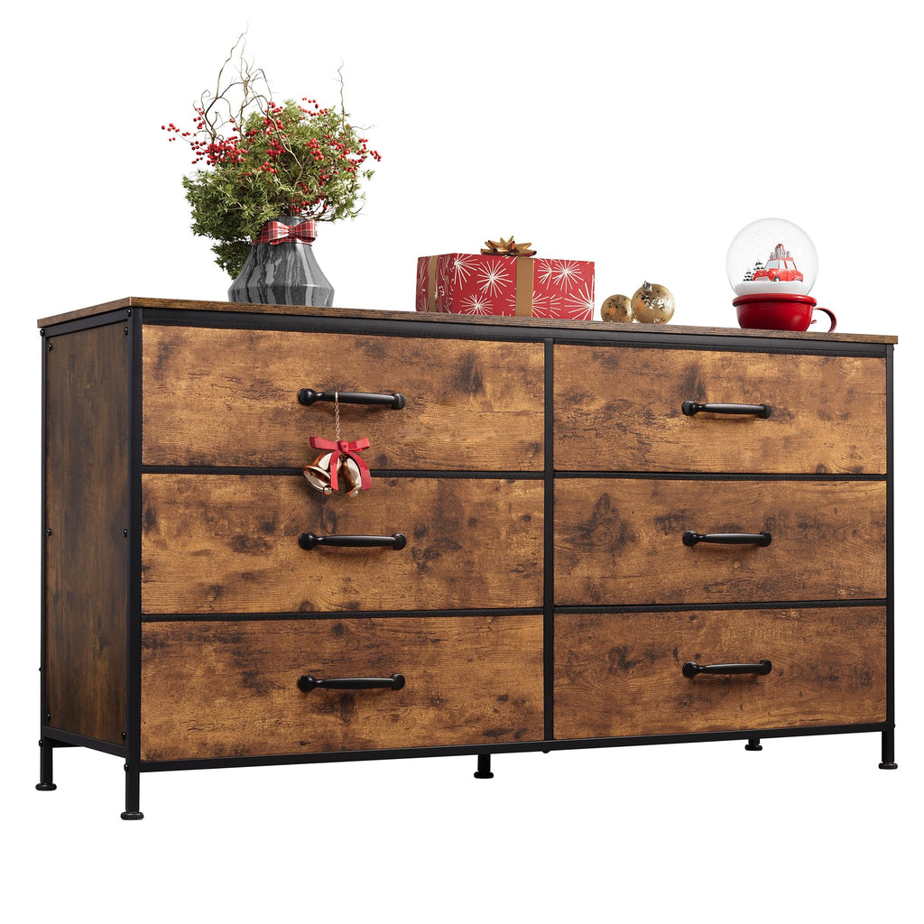 Wlive 6 Drawer Dresser For Bedroom, Wide Fabric Dresser Tv Stand For 60' Tv, Large Storage Tower Unit With Fabric Bins For Bedroom, Closet, Hallway, Rustic Brown
