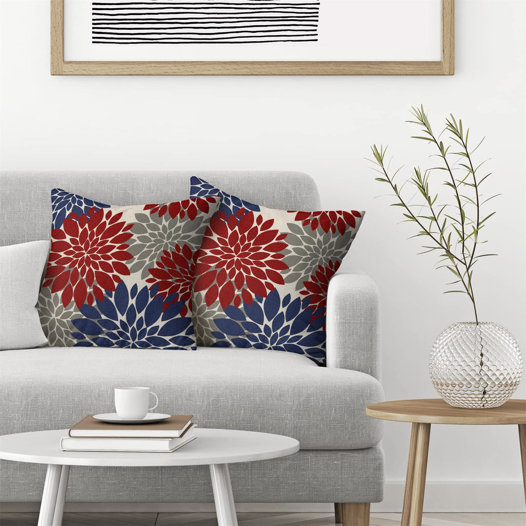 Cxmeifly Red Navy Blue Pillow Covers 20X20 Inch Set Of 2 4Th Of July Dahlia Floral Decor Throw Pillows Summer Modern Geometry Fl