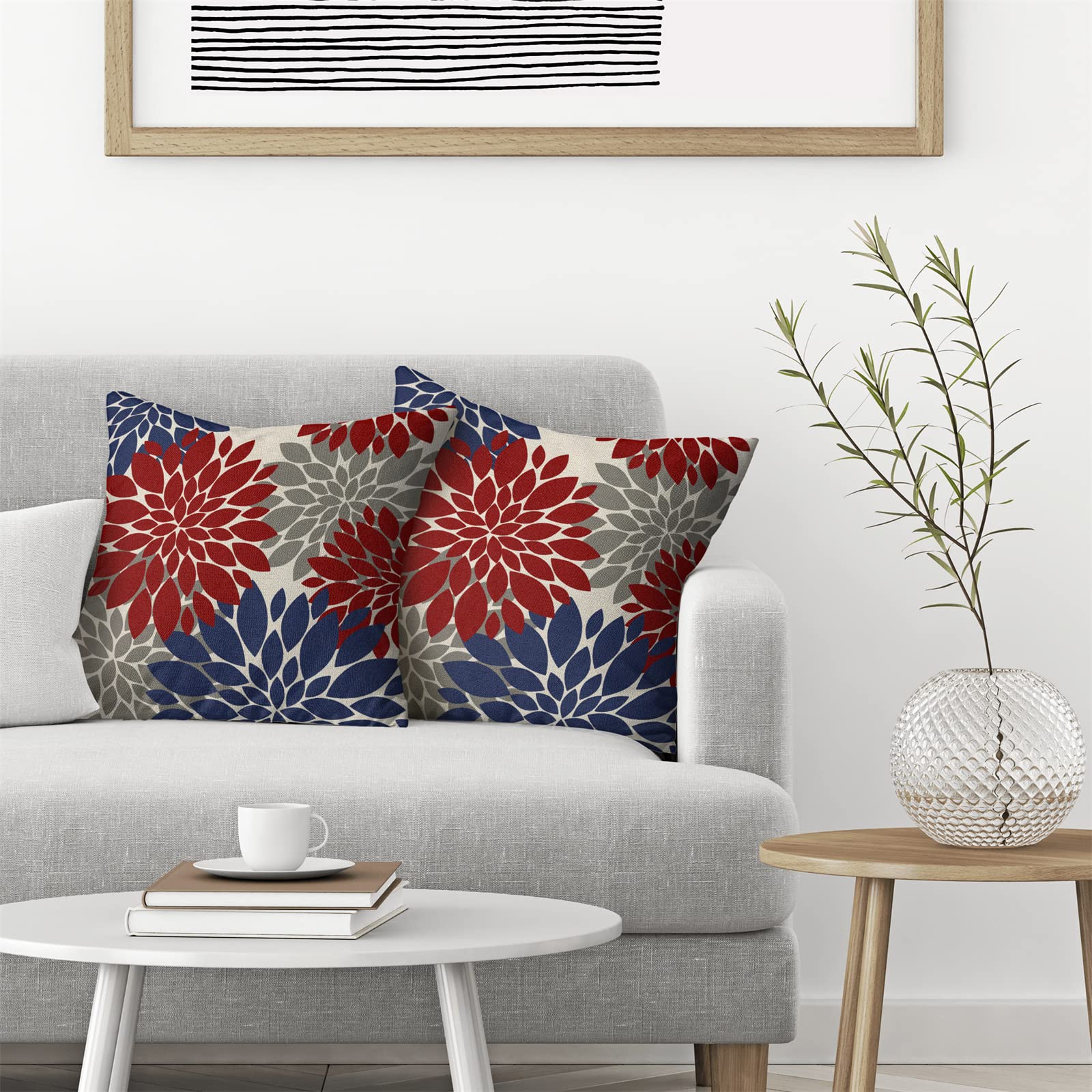 Cxmeifly Red Navy Blue Pillow Covers 20X20 Inch Set Of 2 4Th Of July Dahlia Floral Decor Throw Pillows Summer Modern Geometry Fl